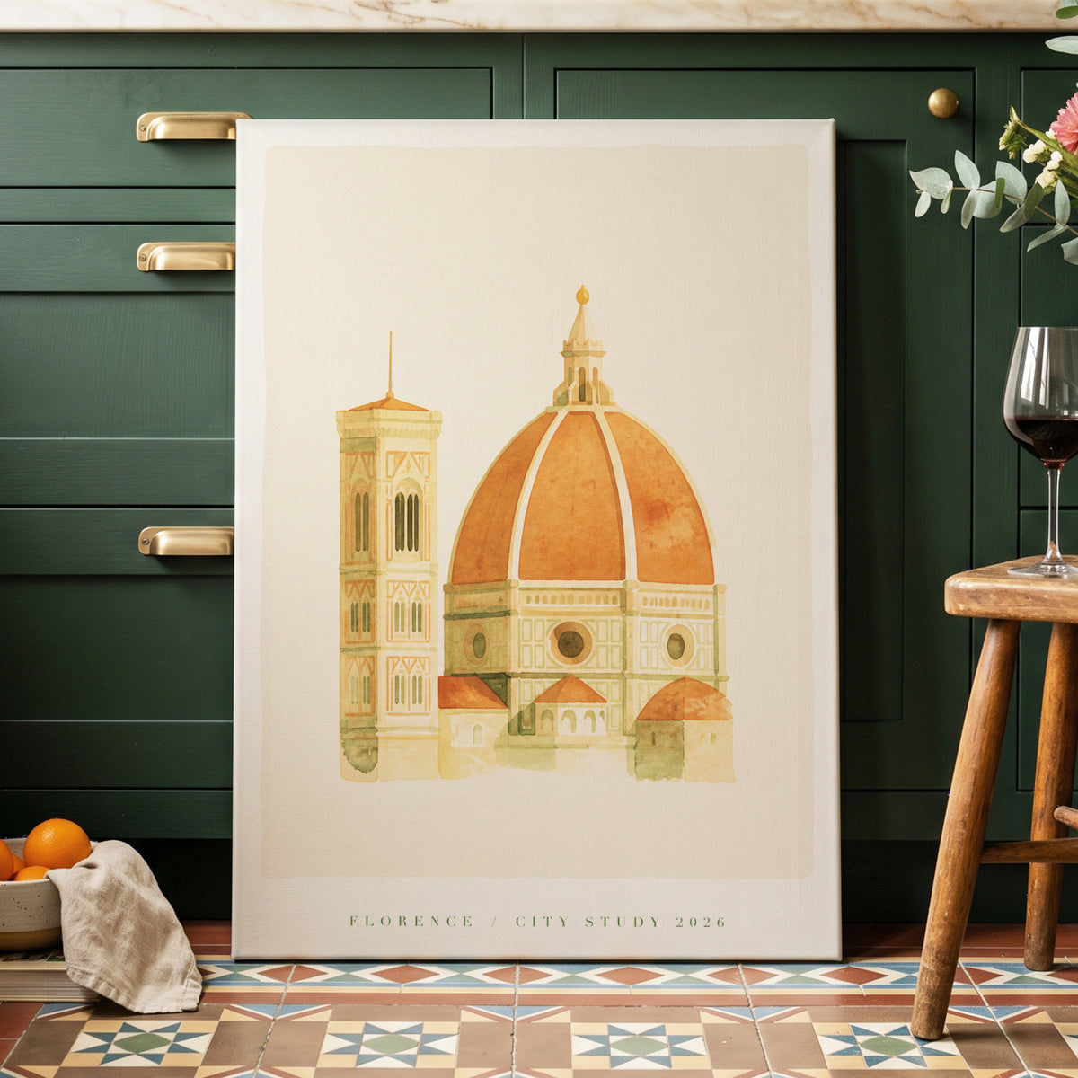 Florentine Reverie, beige, orange, green minimalist wall art on canvas displayed in a styled interior, gallery view 2