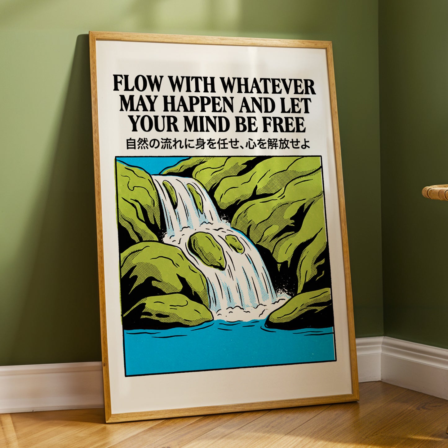 Flow State Falls, black, green, beige nature wall art displayed in a styled interior, gallery view 9
