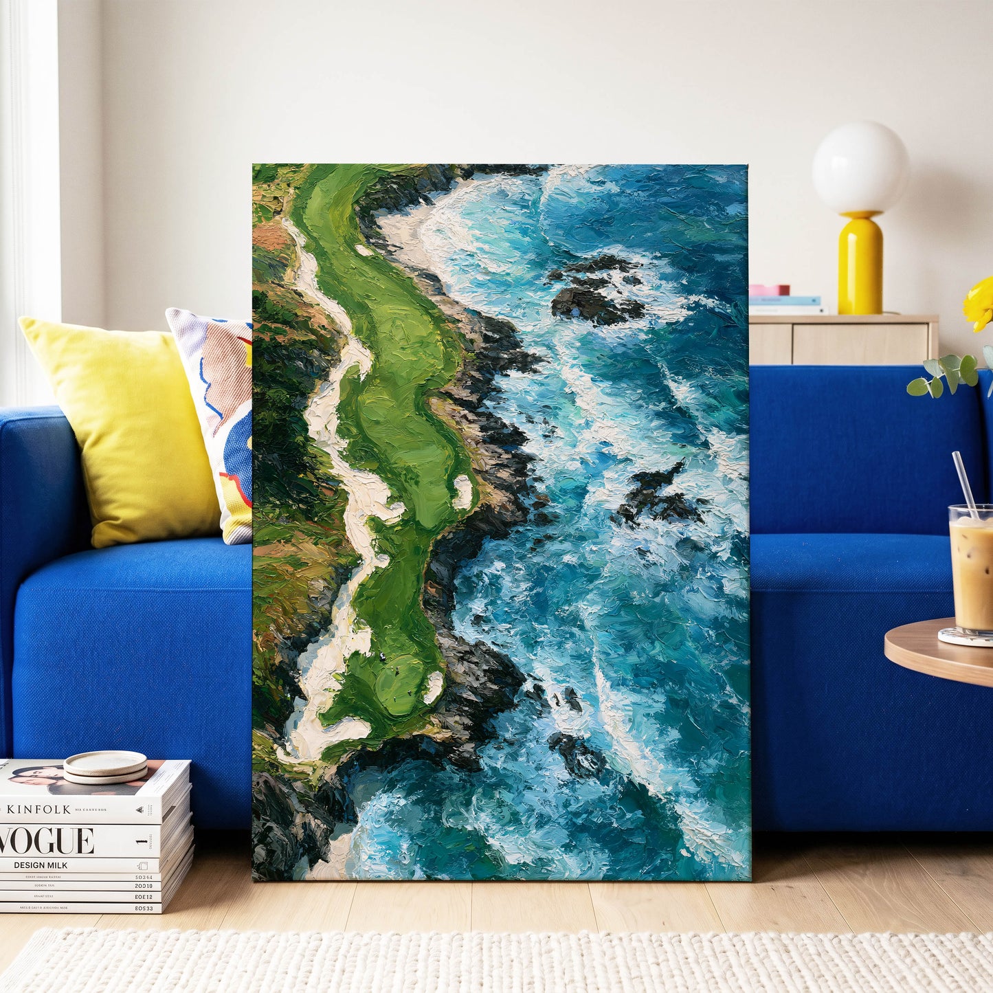Foam Along the Headland, blue, green, white nature wall art on canvas displayed in a styled interior, gallery view 2