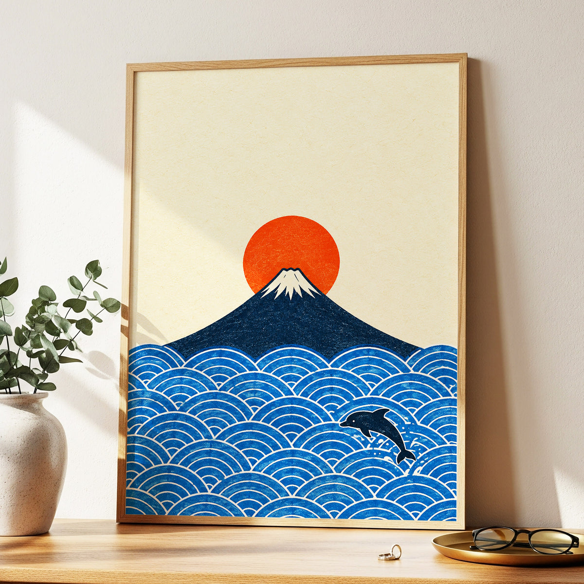 Fuji and the Leaping Dolphin, beige, blue, orange nature wall art displayed in a styled interior, gallery view 9