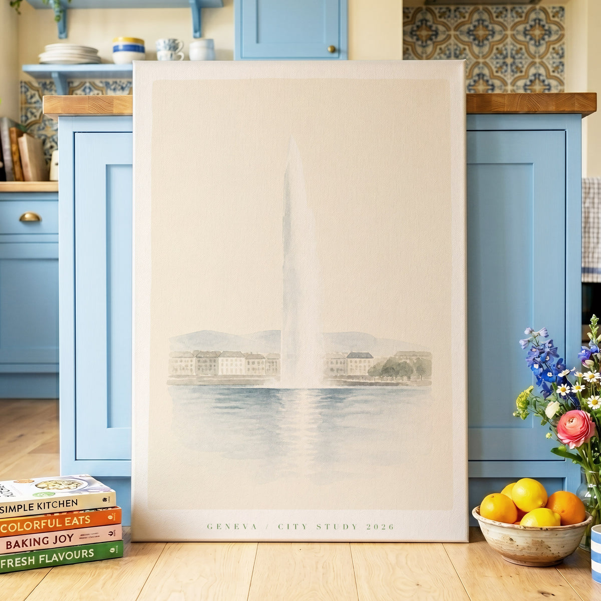 Geneva Waterlight, beige, white, blue minimalist wall art on canvas displayed in a styled interior, gallery view 2