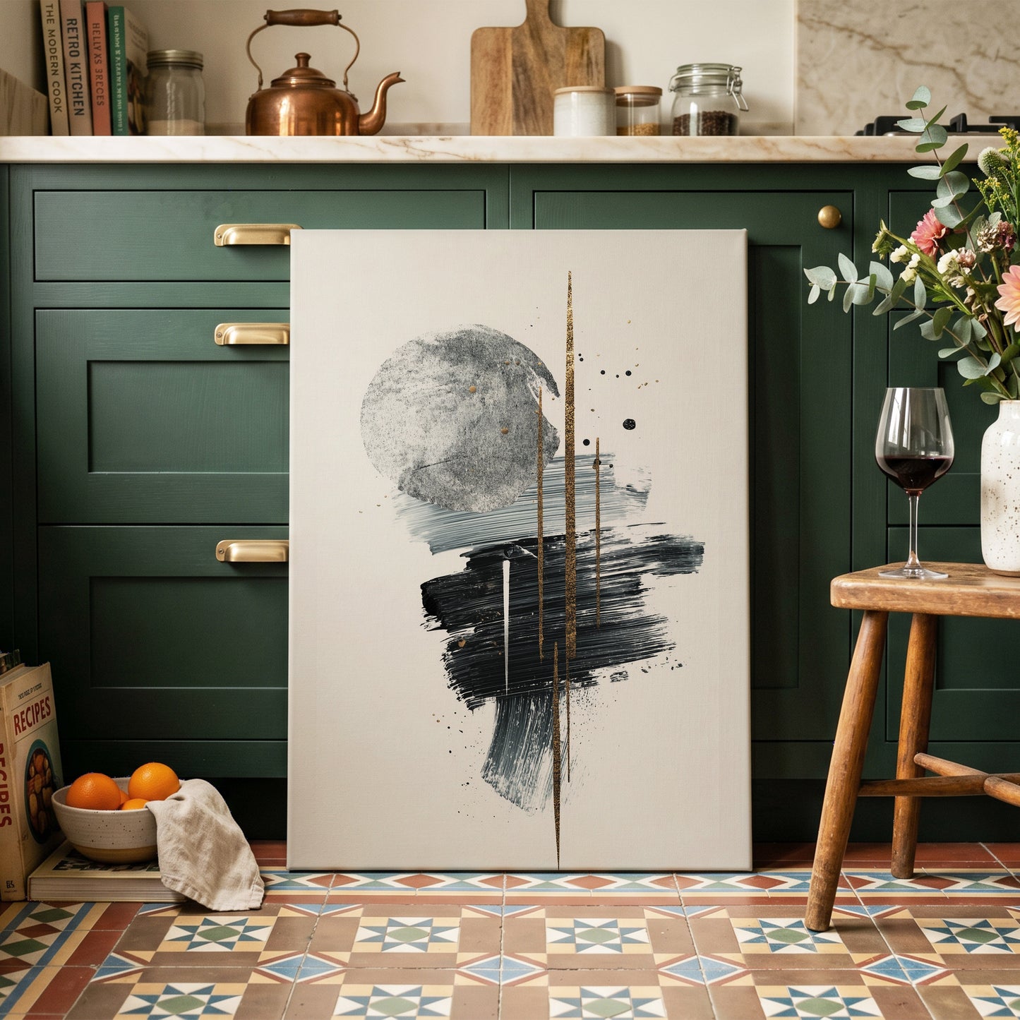 Gilded Intersections, black, gray, beige abstract wall art on canvas displayed in a styled interior, gallery view 2