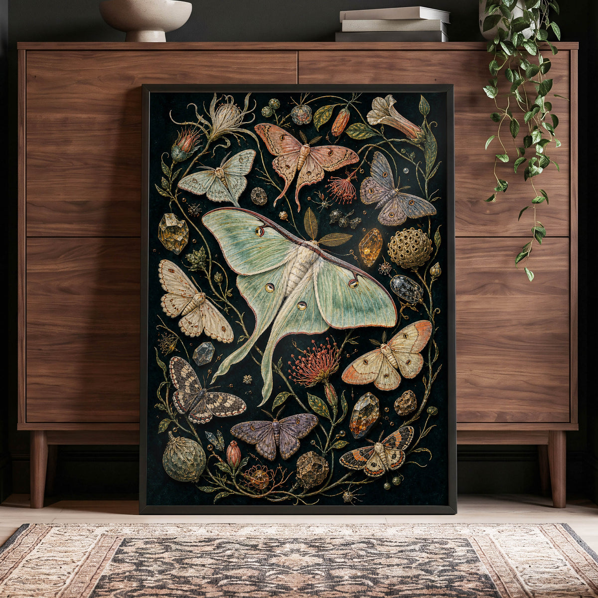 Gilded Moth Garden, black, green, beige nature wall art displayed in a styled interior, gallery view 9