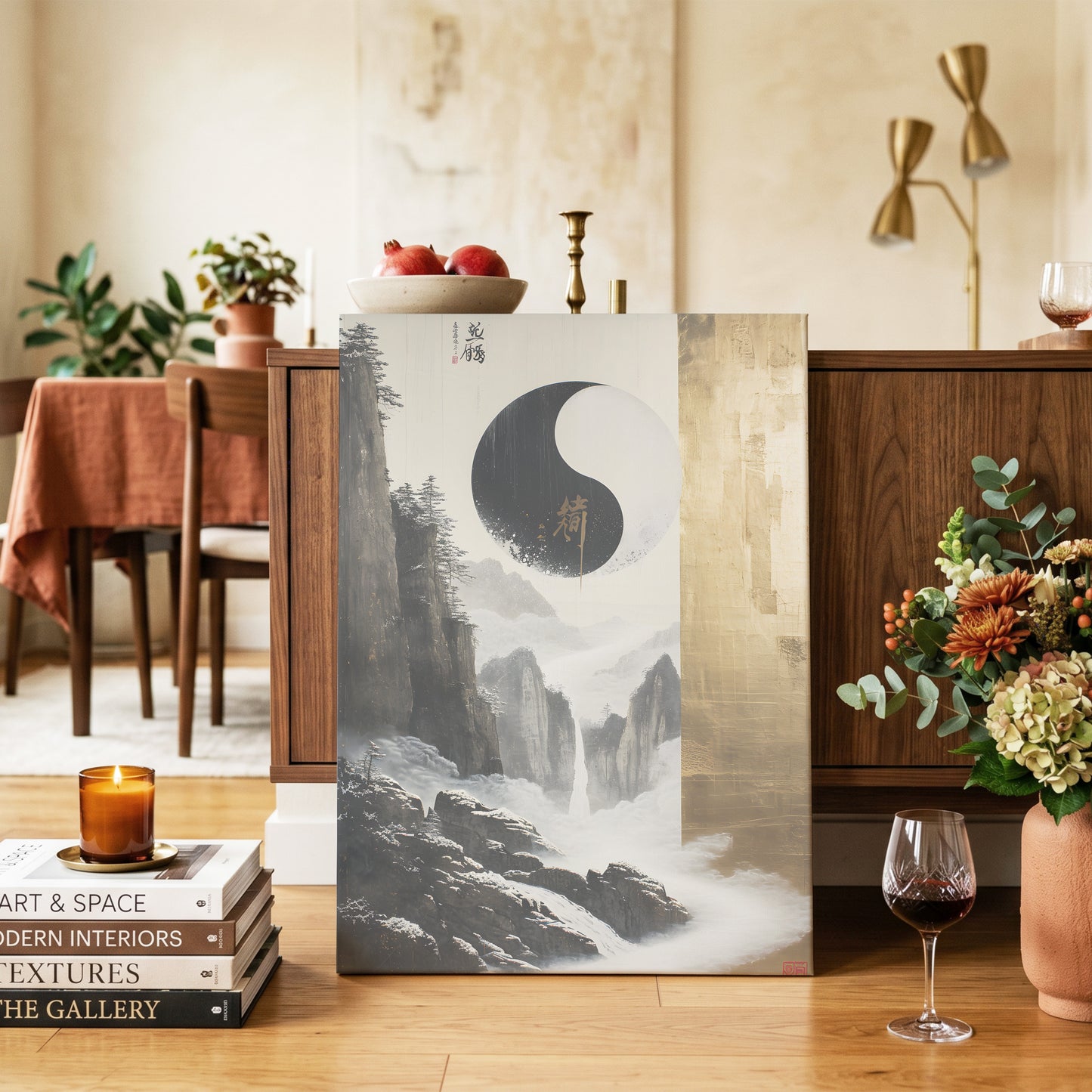 Gilded Mountain Balance, black, white, gold nature wall art on canvas displayed in a styled interior, gallery view 2