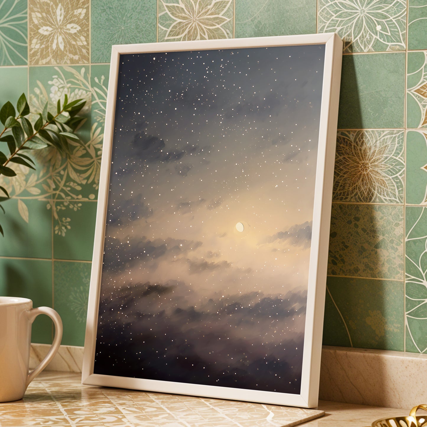 Gilded Nightfall, gray, beige, gold nature wall art displayed in a styled interior, gallery view 9