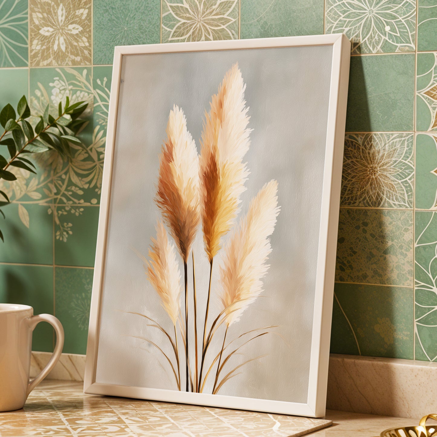 Gilded Pampas, gray, beige, gold nature wall art displayed in a styled interior, gallery view 9