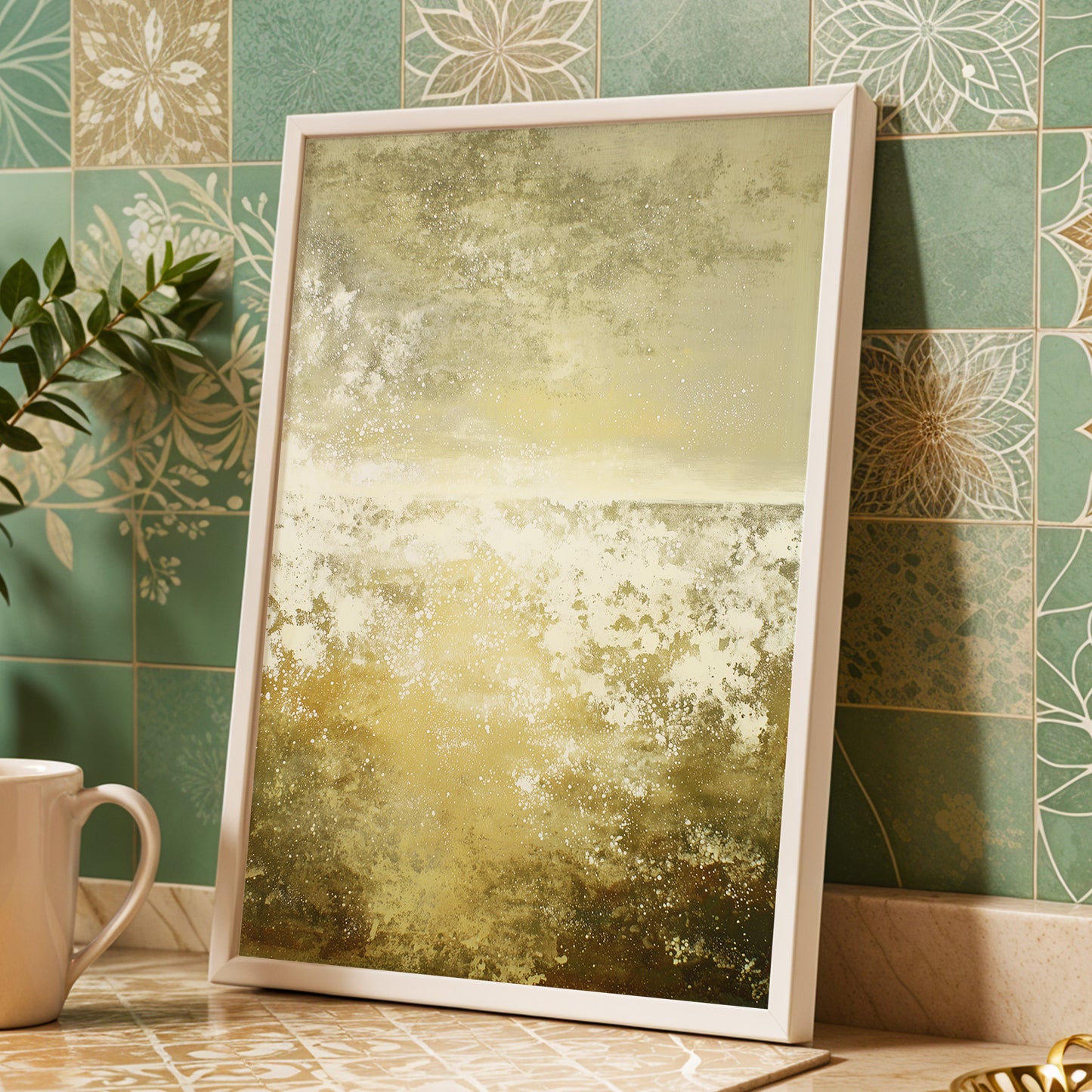 Gilded Stillness, beige, gold, white abstract wall art displayed in a styled interior, gallery view 9