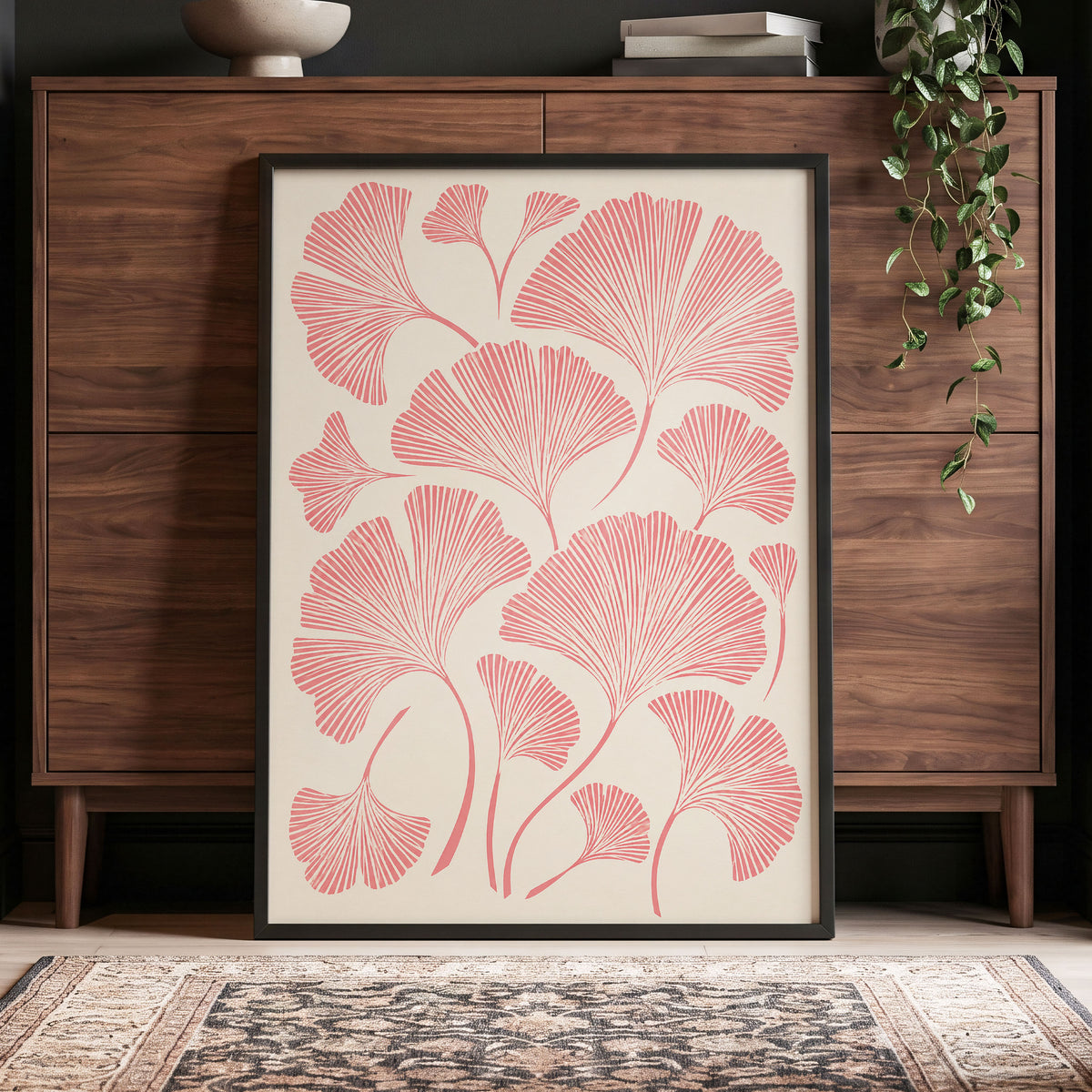 Ginkgo Blush, pink, beige, red nature wall art displayed in a styled interior, gallery view 9