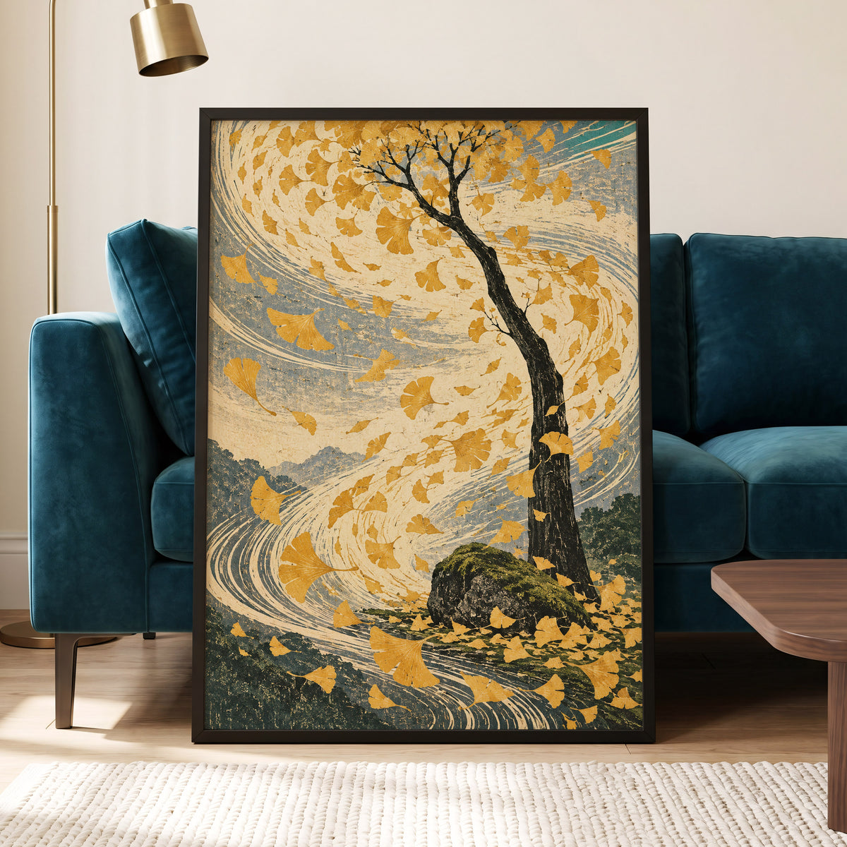 Ginkgo in the Gale, gold, beige, blue nature wall art displayed in a styled interior, gallery view 9