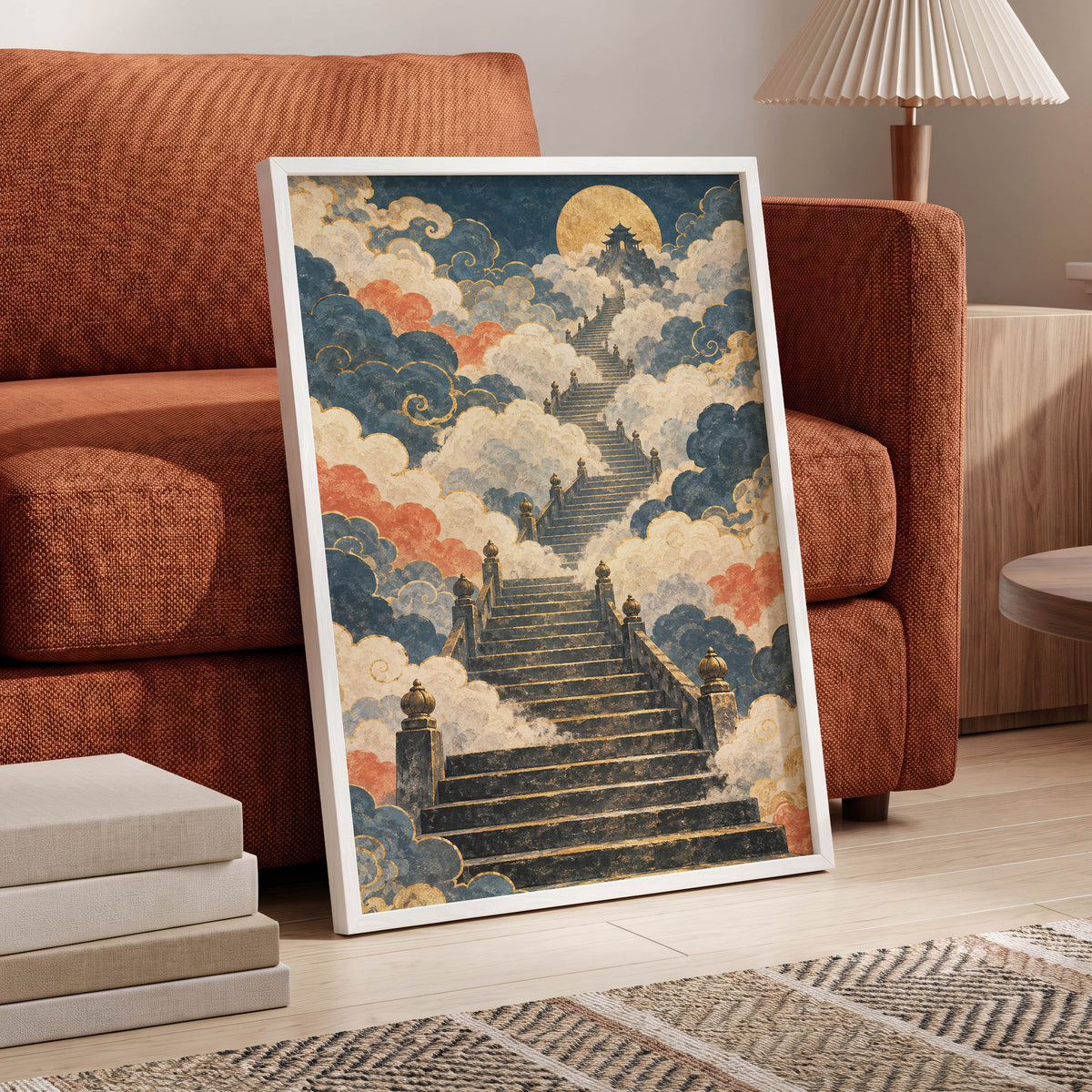 Golden Cloud Ascent, blue, beige, gold abstract wall art displayed in a styled interior, gallery view 9