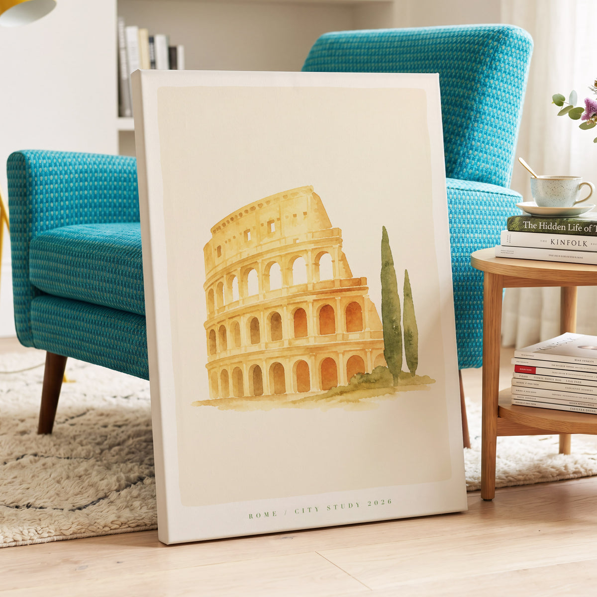 Golden Colosseum Study, gold, beige, green minimalist wall art on canvas displayed in a styled interior, gallery view 2