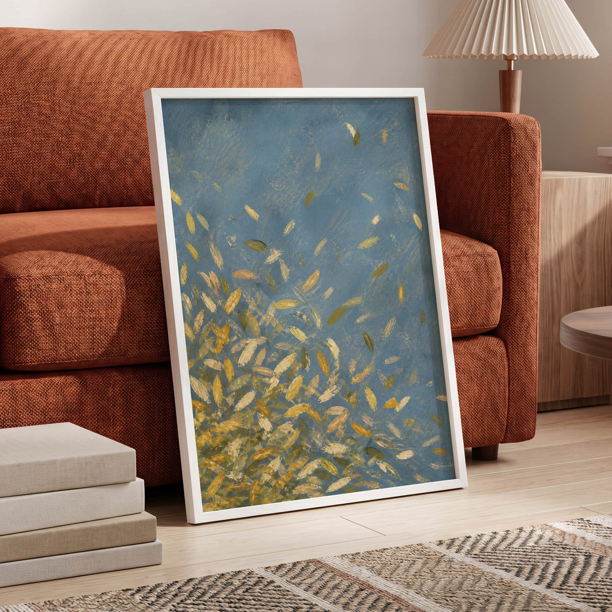 Golden Drift, blue, gold, beige nature wall art displayed in a styled interior, gallery view 9