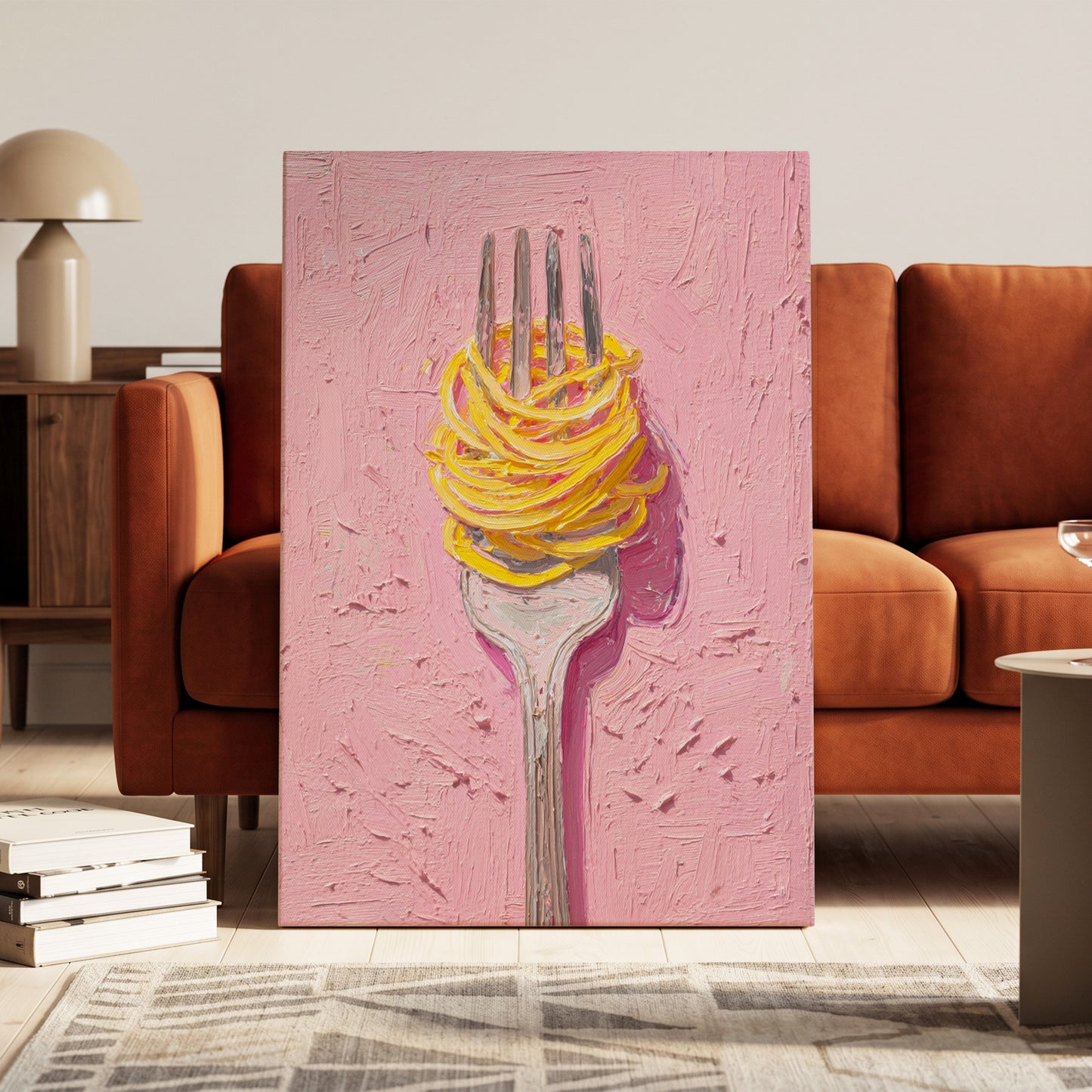 Golden Forkful, pink, yellow, gray minimalist wall art on canvas displayed in a styled interior, gallery view 2