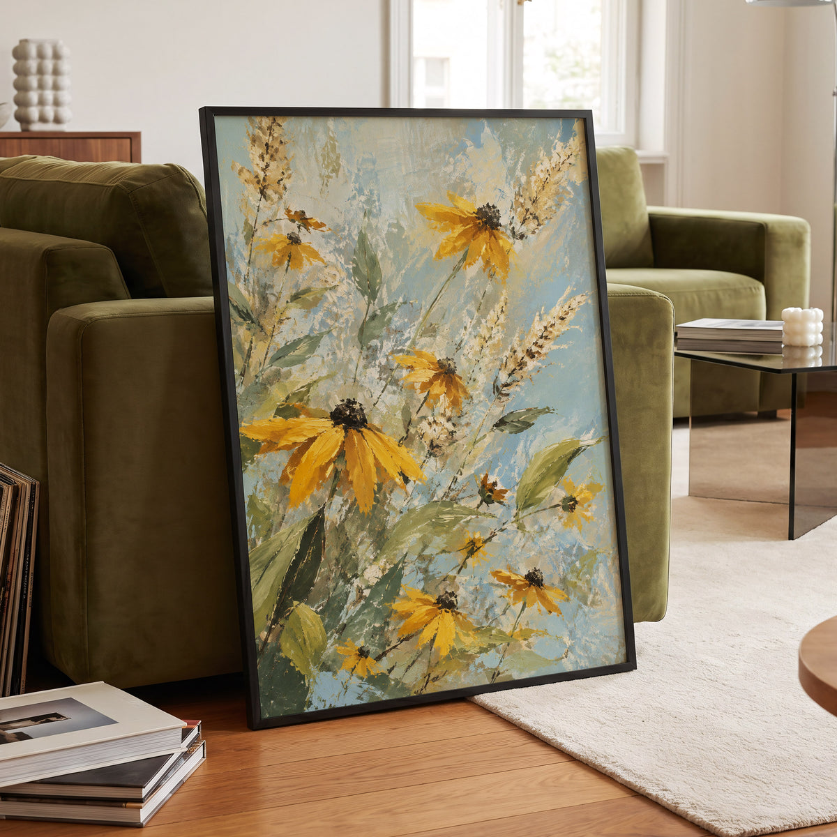 Golden Meadow Drift, yellow, blue, green floral wall art displayed in a styled interior, gallery view 9