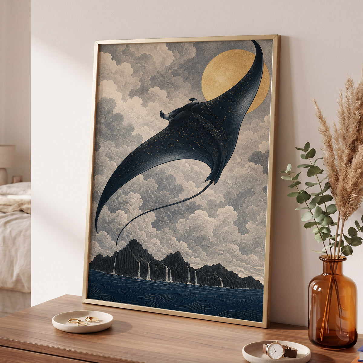 Golden Sky Manta, black, blue, beige nature wall art displayed in a styled interior, gallery view 9