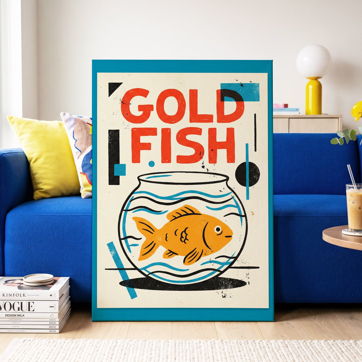 Goldfish Geometry, beige, orange, blue nature wall art on canvas displayed in a styled interior, gallery view 2