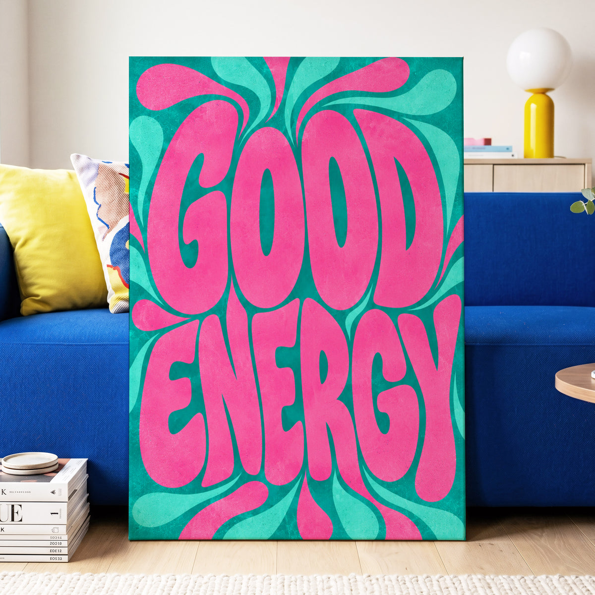 Good Energy Groove, pink, green abstract wall art on canvas displayed in a styled interior, gallery view 2