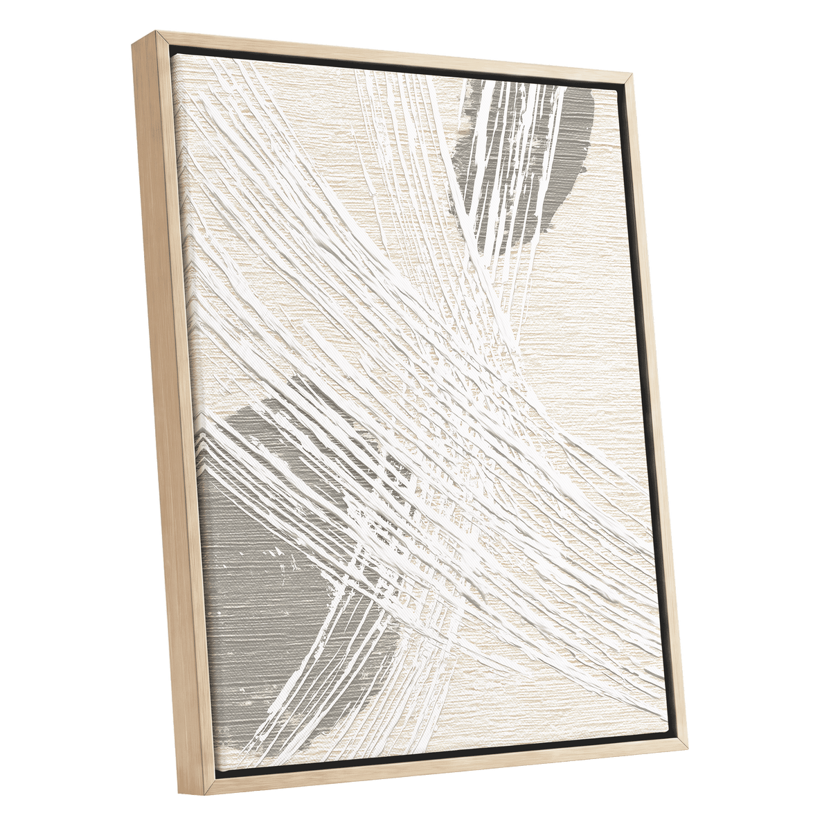 Grey Crosshatch Abstract: framed abstract canvas wall art with textured off-white and gray brushstrokes, shown at an angle against a solid white background.