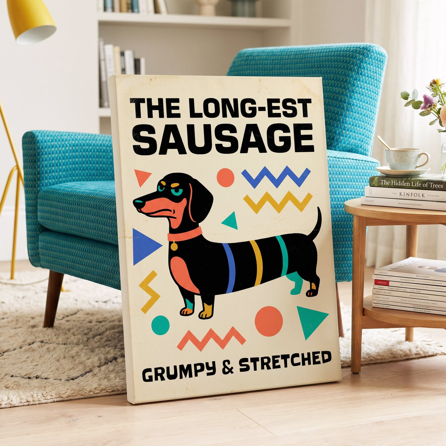 Grumpy & Stretched, beige, black, blue minimalist wall art on canvas displayed in a styled interior, gallery view 2