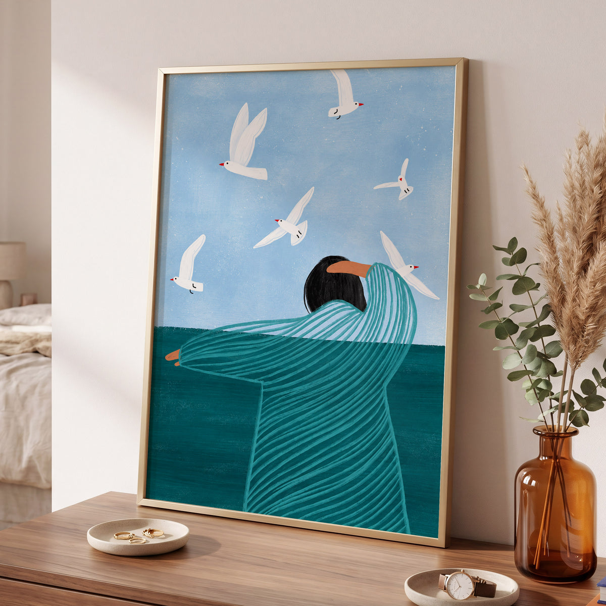 Gulls on the Breeze, blue, green, white nature wall art displayed in a styled interior, gallery view 9