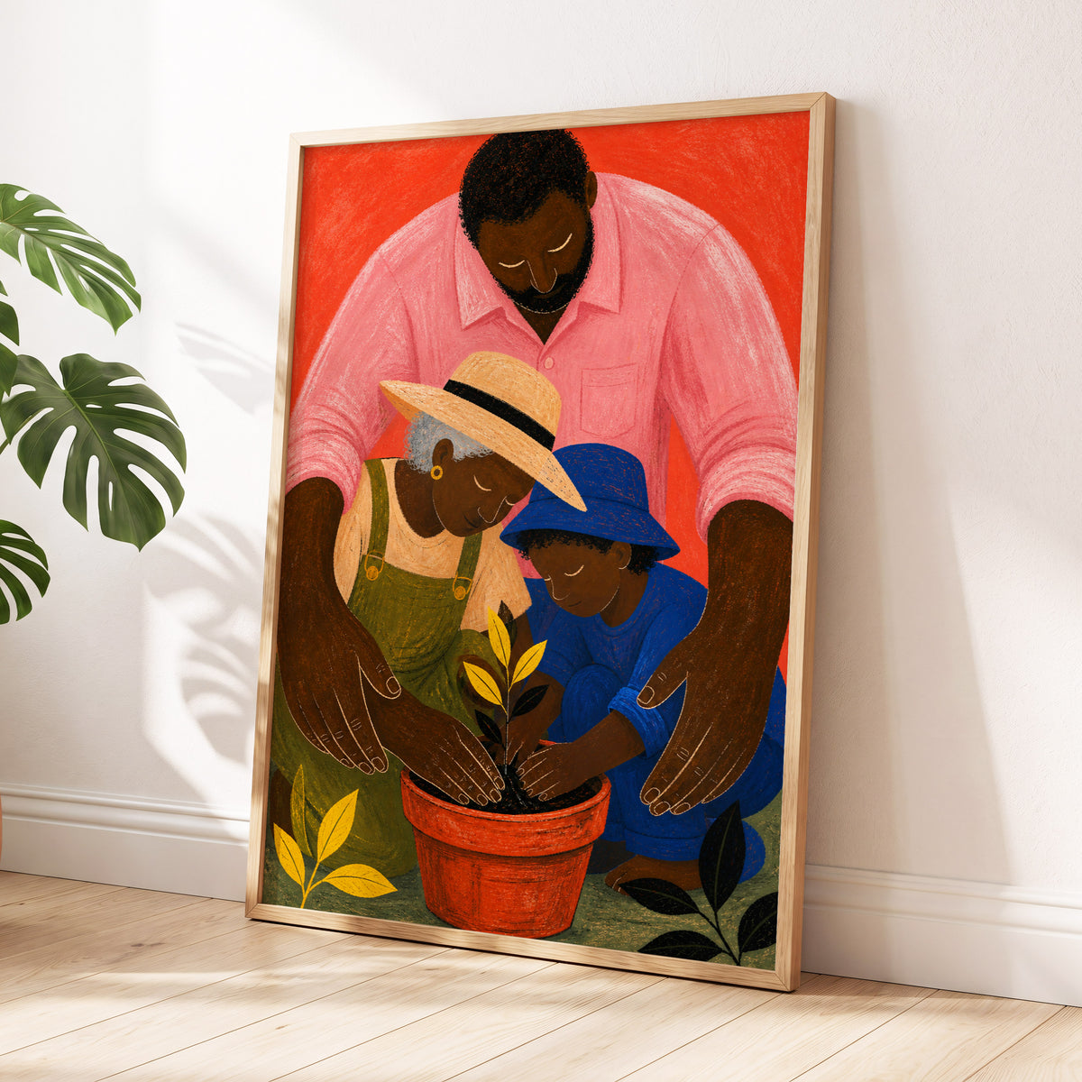 Hands Around a Sapling, orange, pink, blue nature wall art displayed in a styled interior, gallery view 9