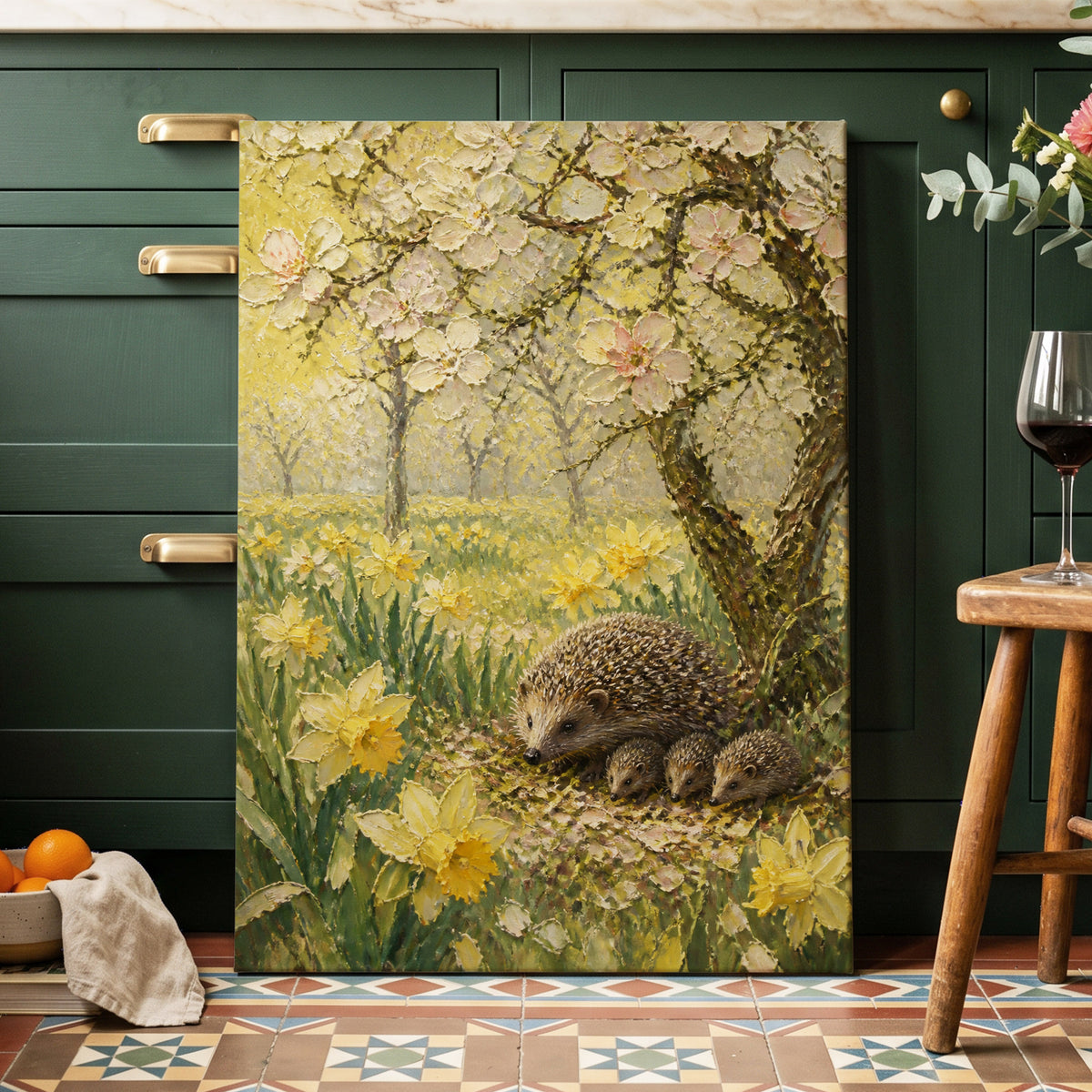 Hedgehogs in Spring, yellow, green, beige nature wall art on canvas displayed in a styled interior, gallery view 2