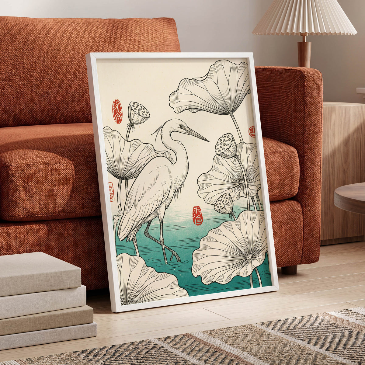 Heron Among Lotus, beige, black, green nature wall art displayed in a styled interior, gallery view 9