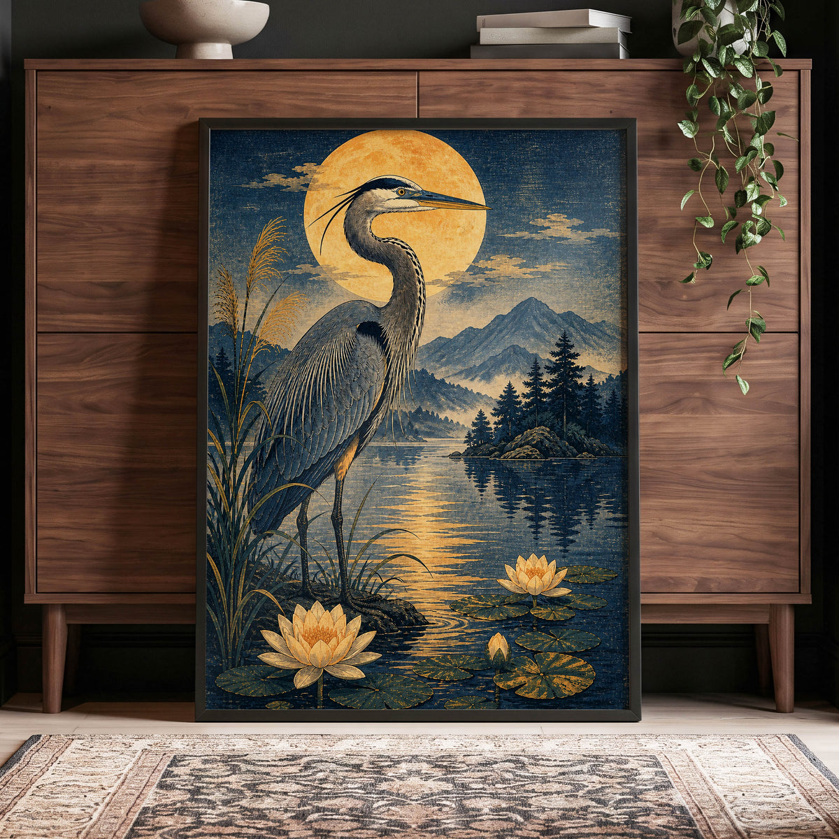 Heron in Golden Moonlight, blue, gold, beige nature wall art displayed in a styled interior, gallery view 9