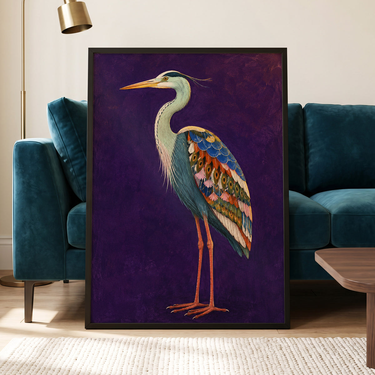 Heron in Jewel Tones, purple, blue, green nature wall art displayed in a styled interior, gallery view 9