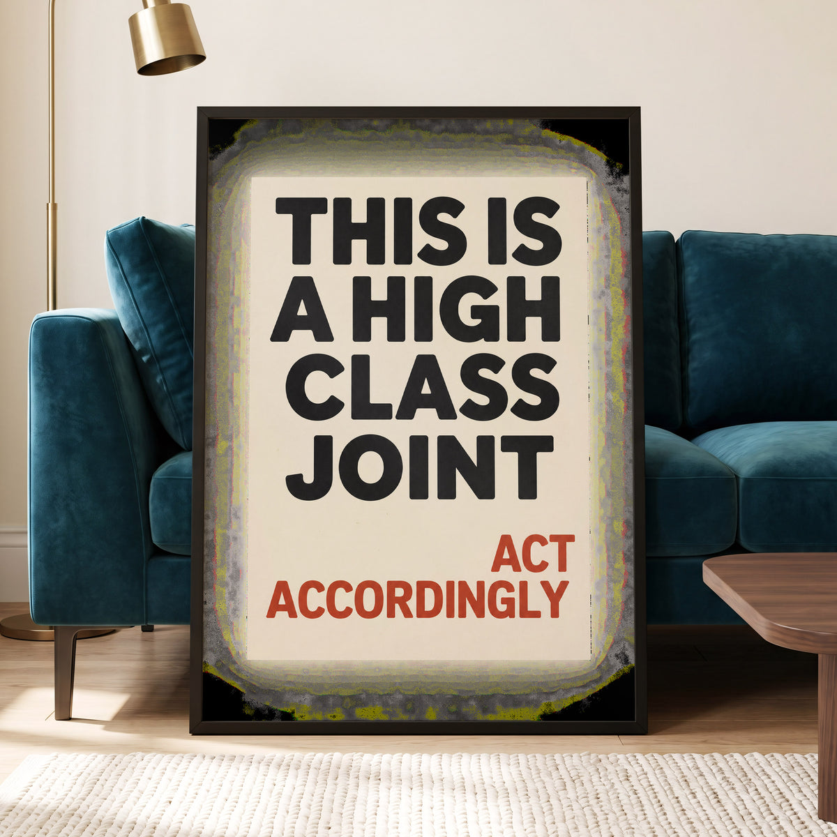 High Class House Rules, black, beige, red minimalist wall art displayed in a styled interior, gallery view 9