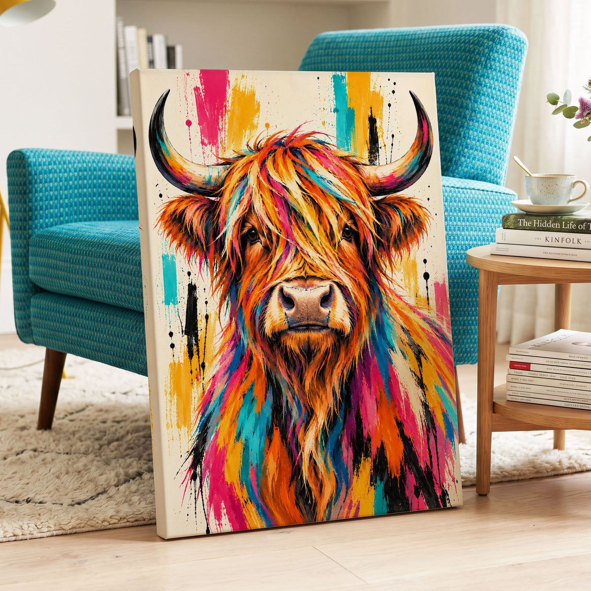 Highland Paintstorm, orange, pink, blue nature wall art on canvas displayed in a styled interior, gallery view 2