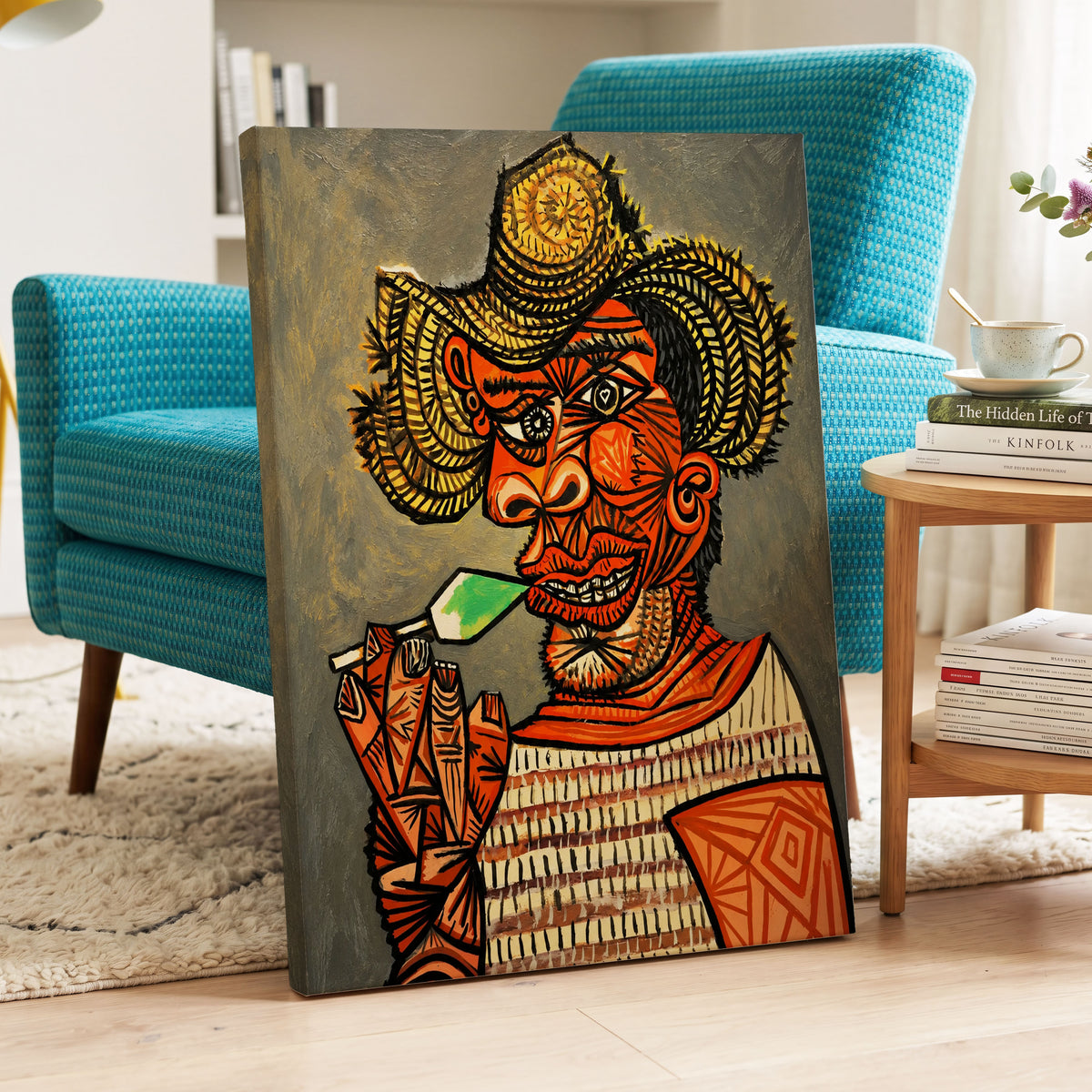 Horned Revelry, orange, black, gray abstract wall art on canvas displayed in a styled interior, gallery view 2