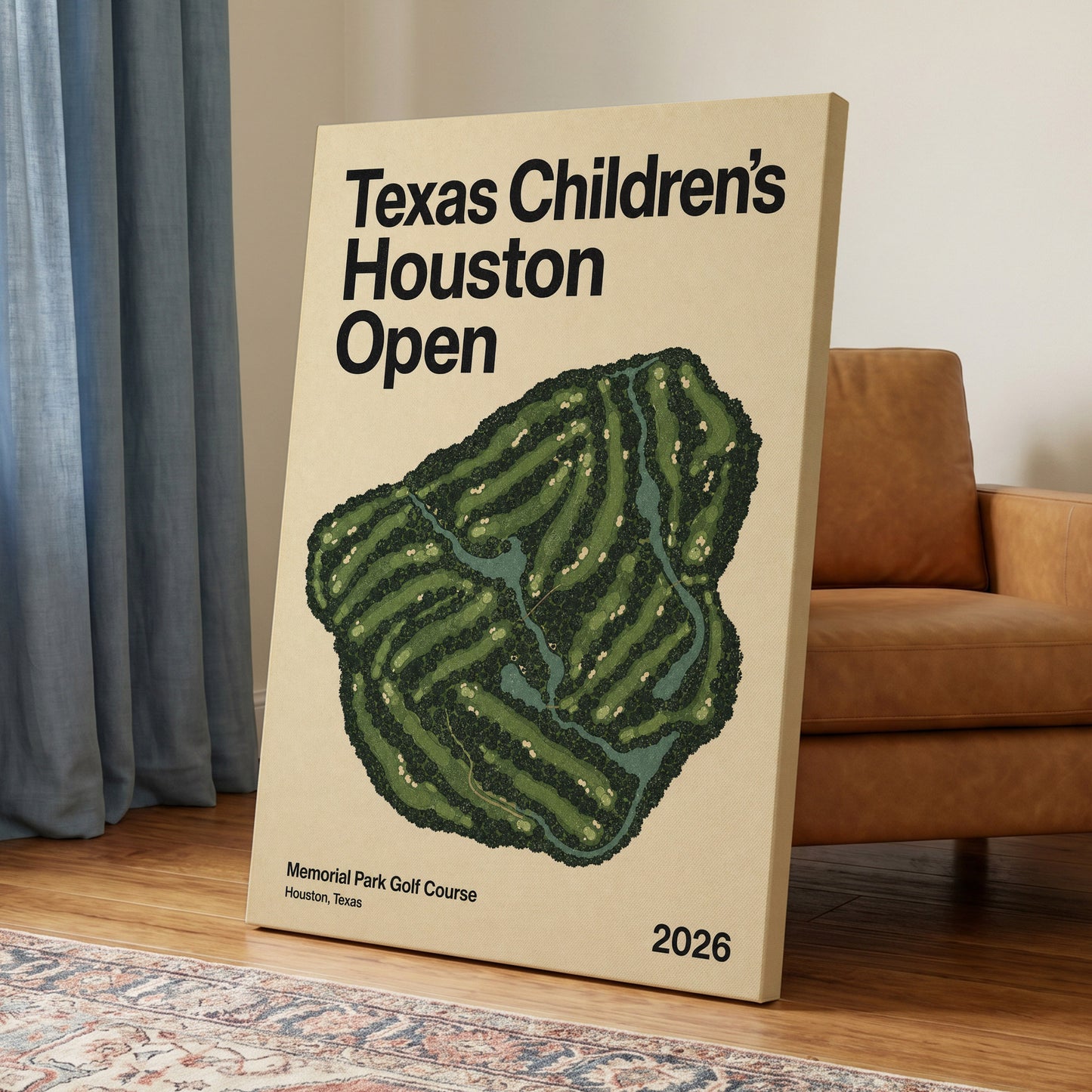 Houston Fairway Atlas, green, beige, black nature wall art on canvas displayed in a styled interior, gallery view 2