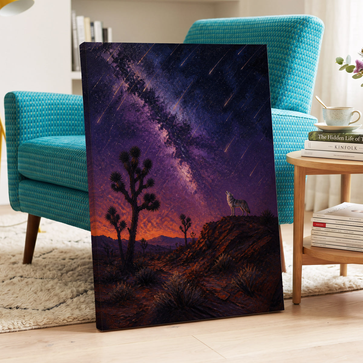 Howl Beneath Falling Stars, purple, blue, orange nature wall art on canvas displayed in a styled interior, gallery view 2