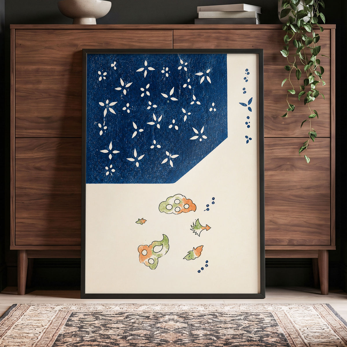Indigo Petal Dance, blue, beige, green floral wall art displayed in a styled interior, gallery view 9