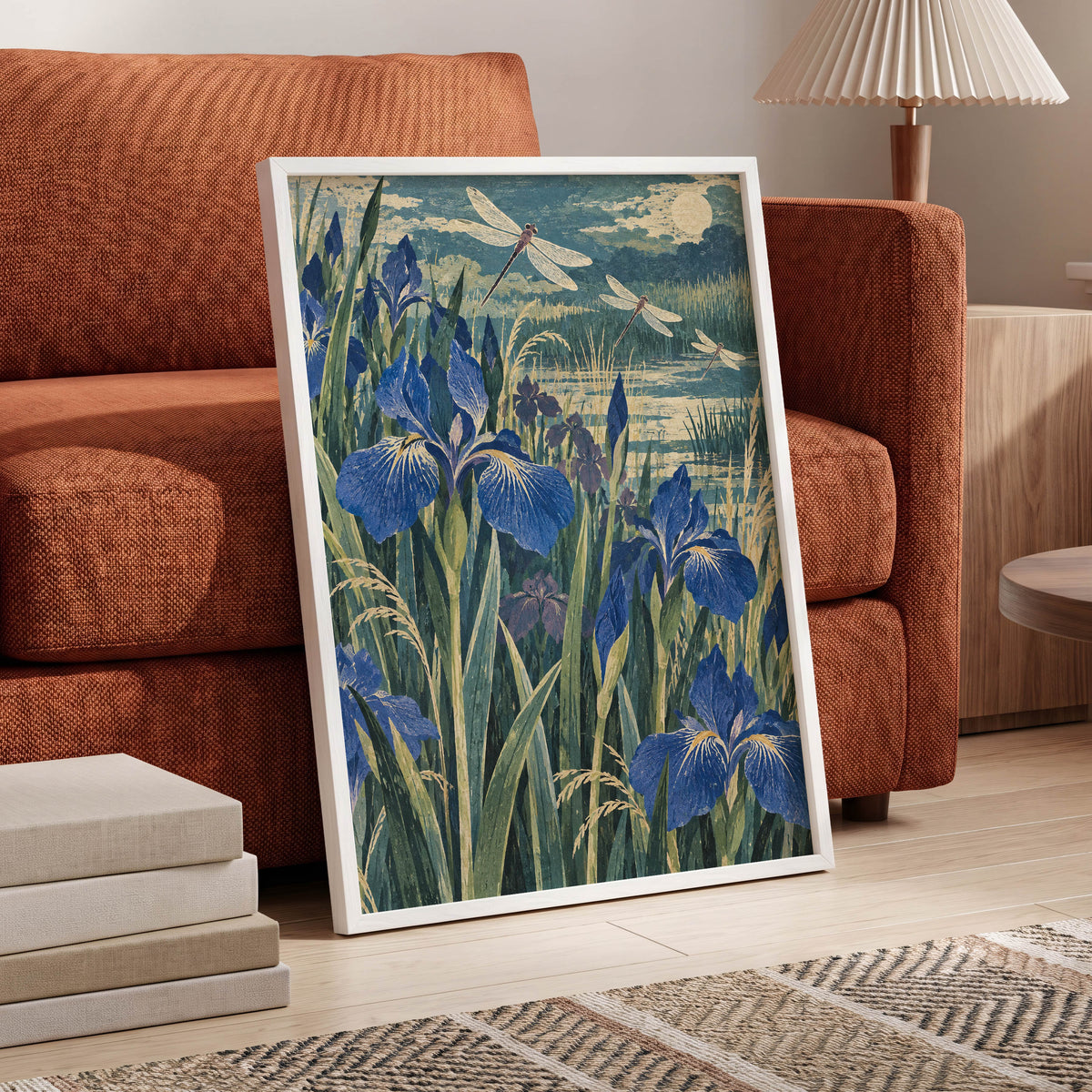 Iris Moonflight, blue, green, beige floral wall art displayed in a styled interior, gallery view 9