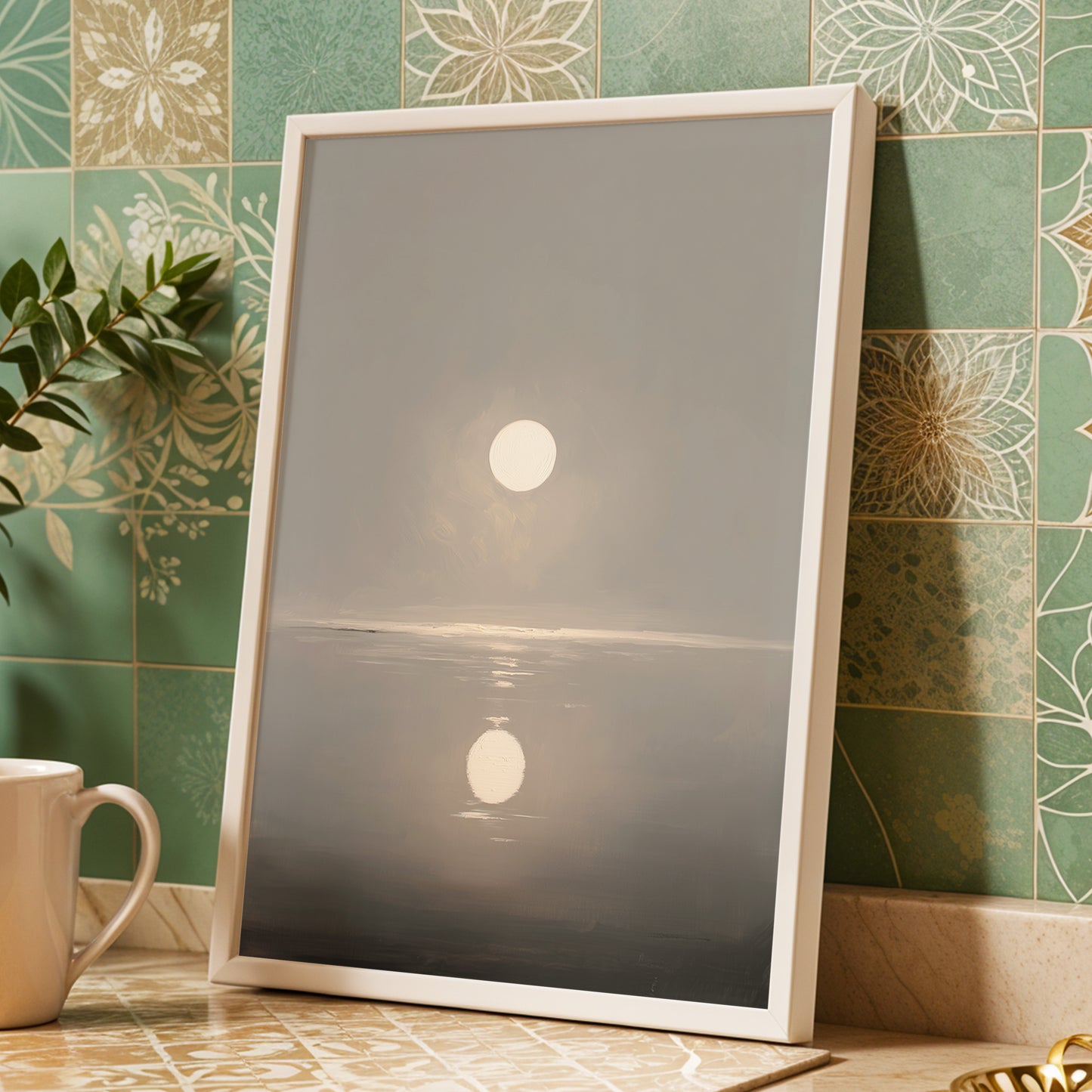 Ivory Echo on Stillwater, gray, beige, white nature wall art displayed in a styled interior, gallery view 9