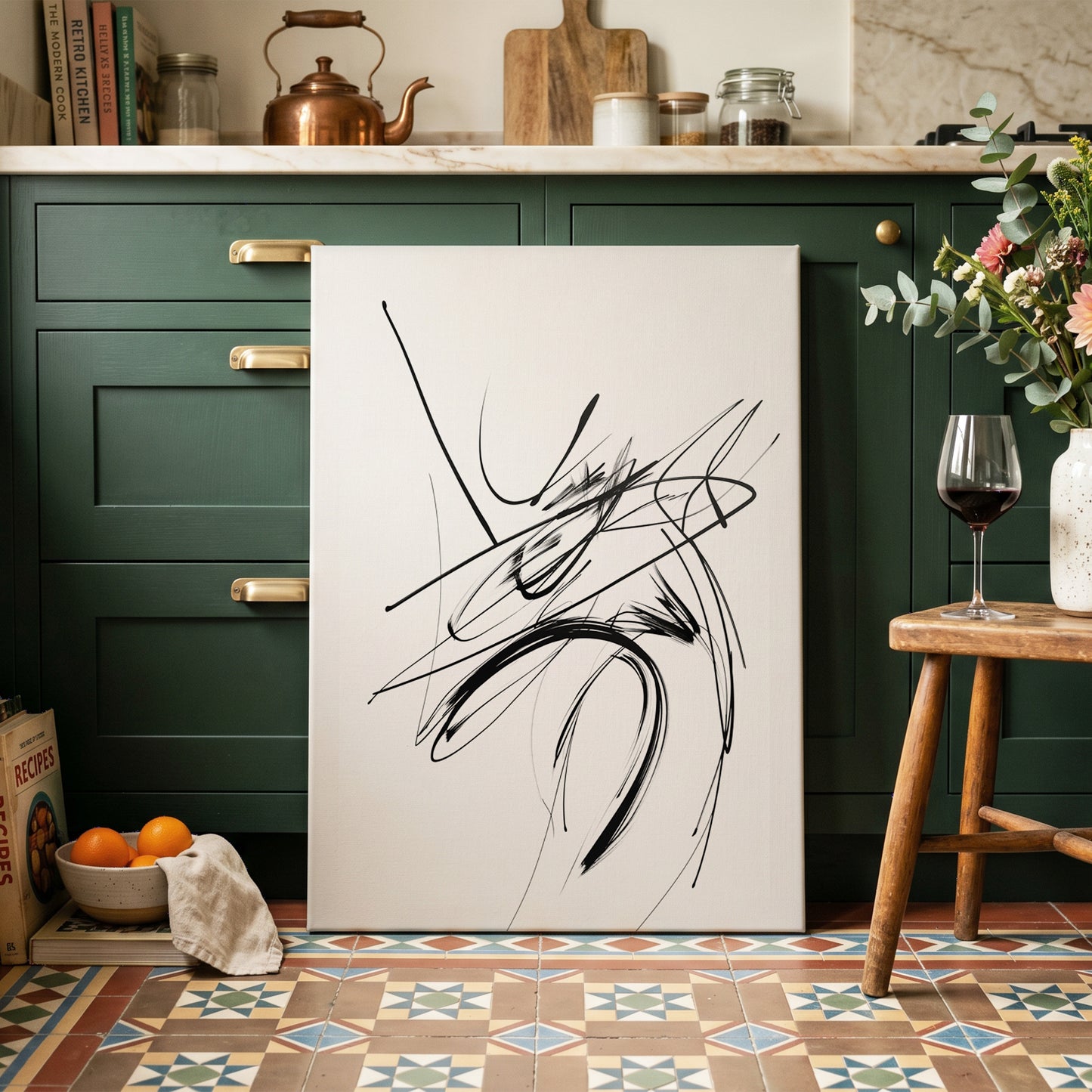 Kinetic Linework, black, white, gray abstract wall art on canvas displayed in a styled interior, gallery view 2