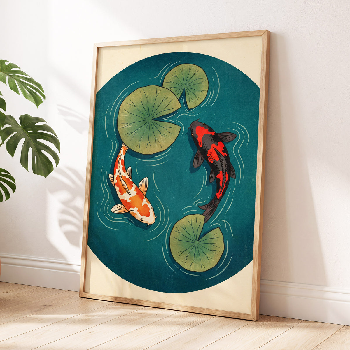 Koi in Quiet Waters, blue, green, beige nature wall art displayed in a styled interior, gallery view 9