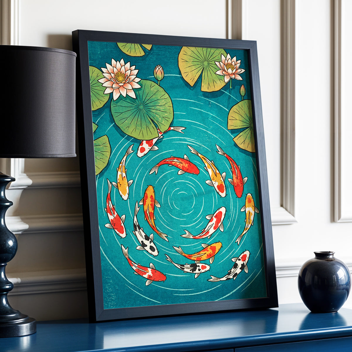 Koi in Rippling Blue, blue, green, red nature wall art displayed in a styled interior, gallery view 9