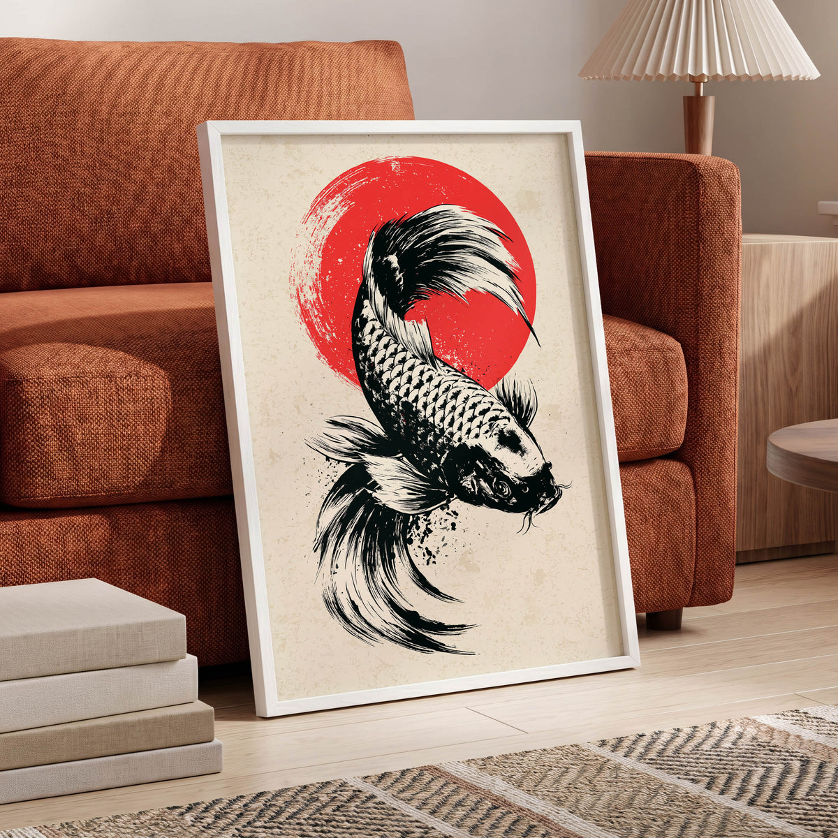 Koi in Scarlet Orbit, black, beige, red nature wall art displayed in a styled interior, gallery view 9