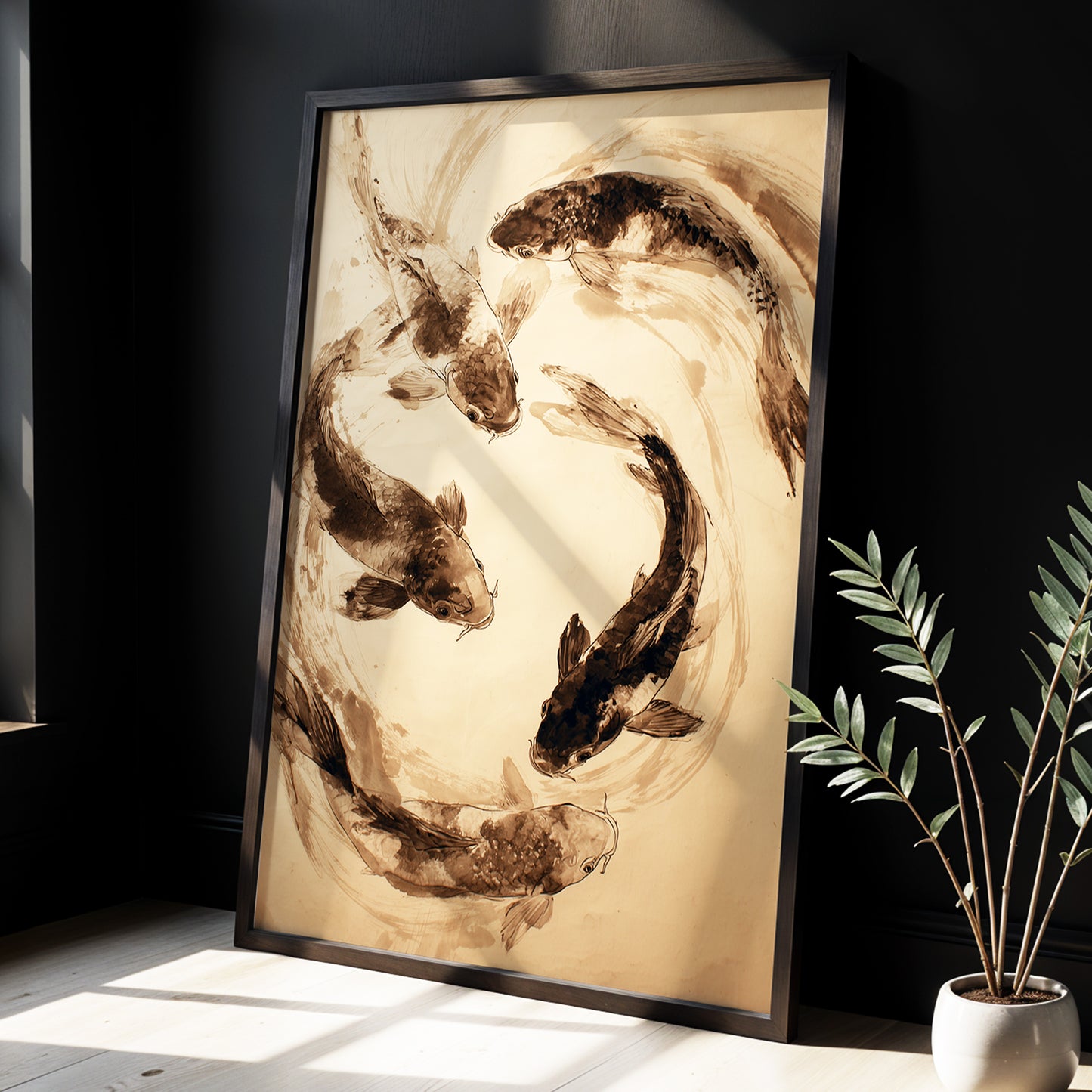 Koi in Sepia Currents, beige, brown, black nature wall art displayed in a styled interior, gallery view 9
