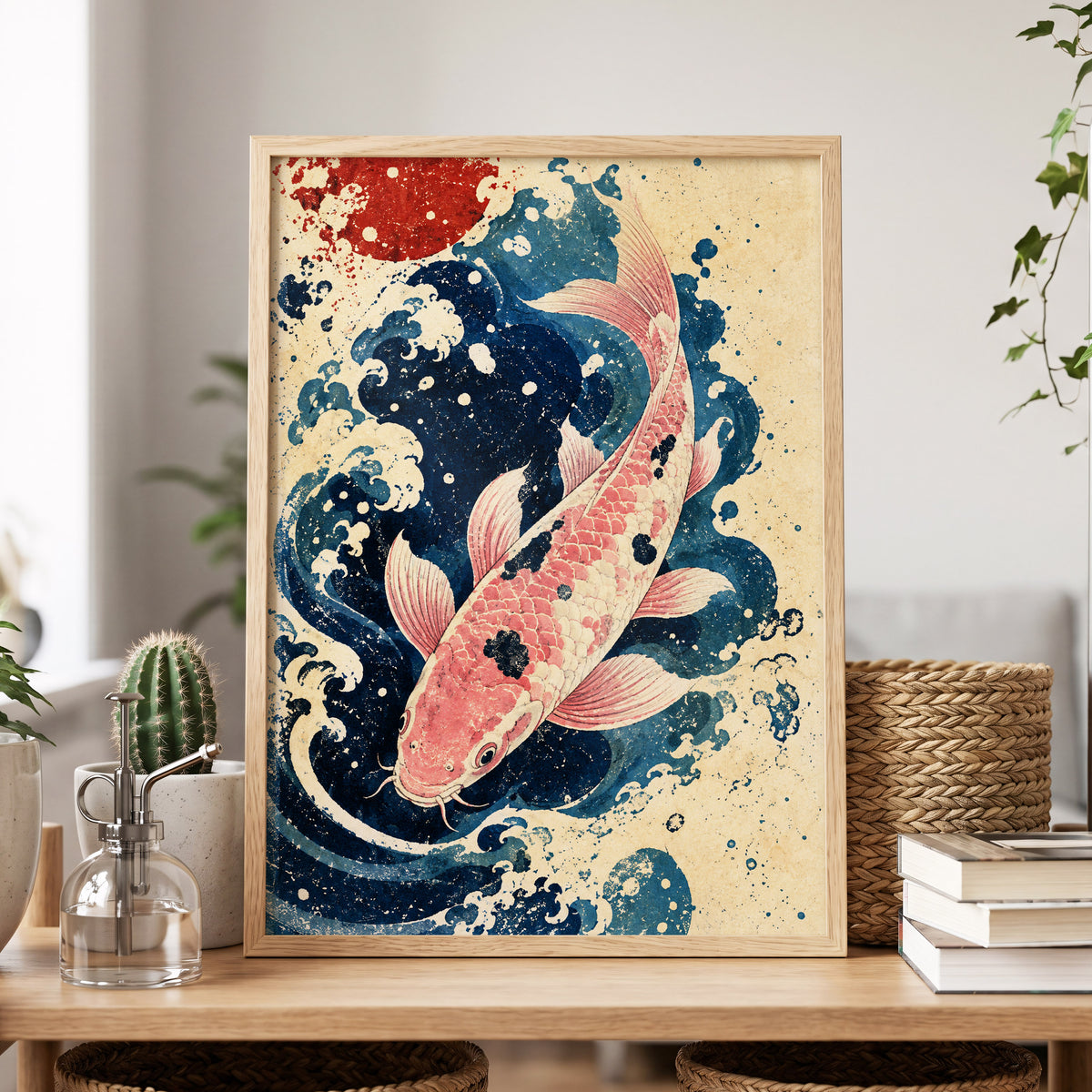 Koi in the Current, blue, pink, beige nature wall art displayed in a styled interior, gallery view 9