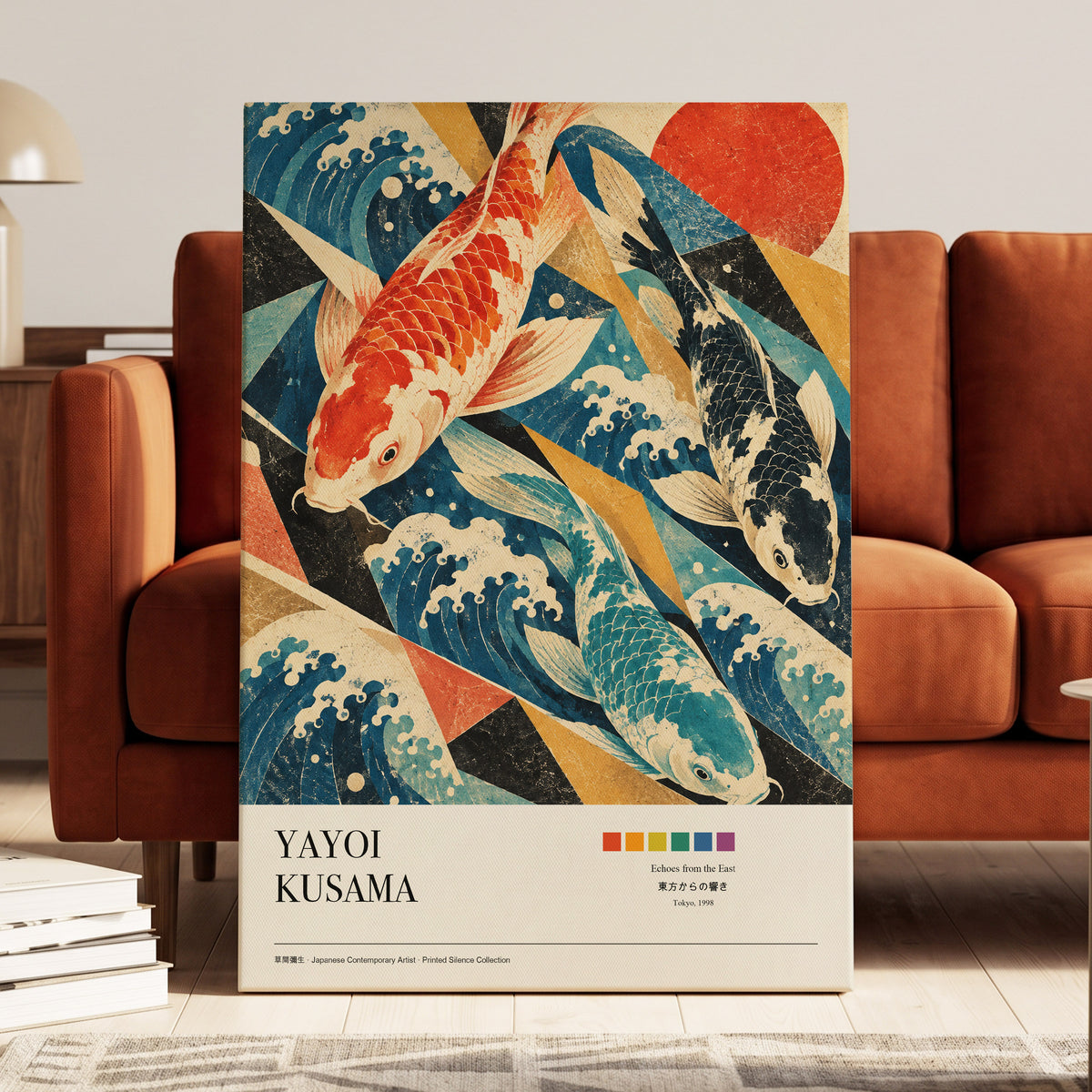 Koi Tides, blue, beige, red nature wall art on canvas displayed in a styled interior, gallery view 2