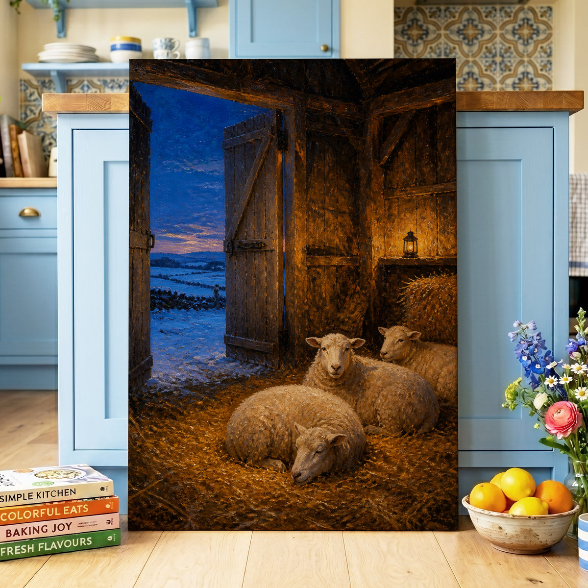 Lantern in the Lambing Barn, brown, gold, blue nature wall art on canvas displayed in a styled interior, gallery view 2