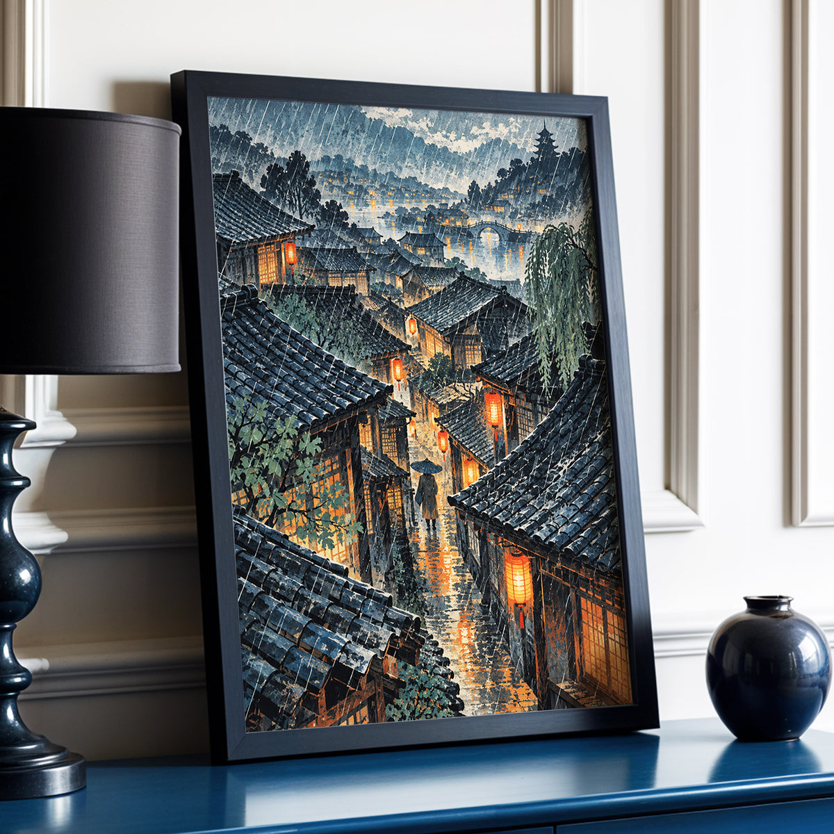 Lanterns in the Rain, blue, gray, orange abstract wall art displayed in a styled interior, gallery view 9