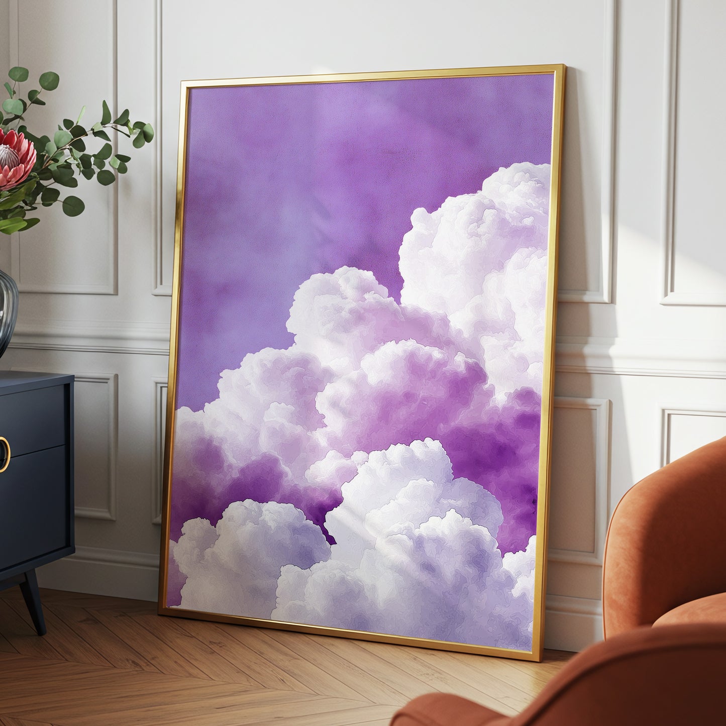 Lavender Cloudscape, purple, white, gray nature wall art displayed in a styled interior, gallery view 9