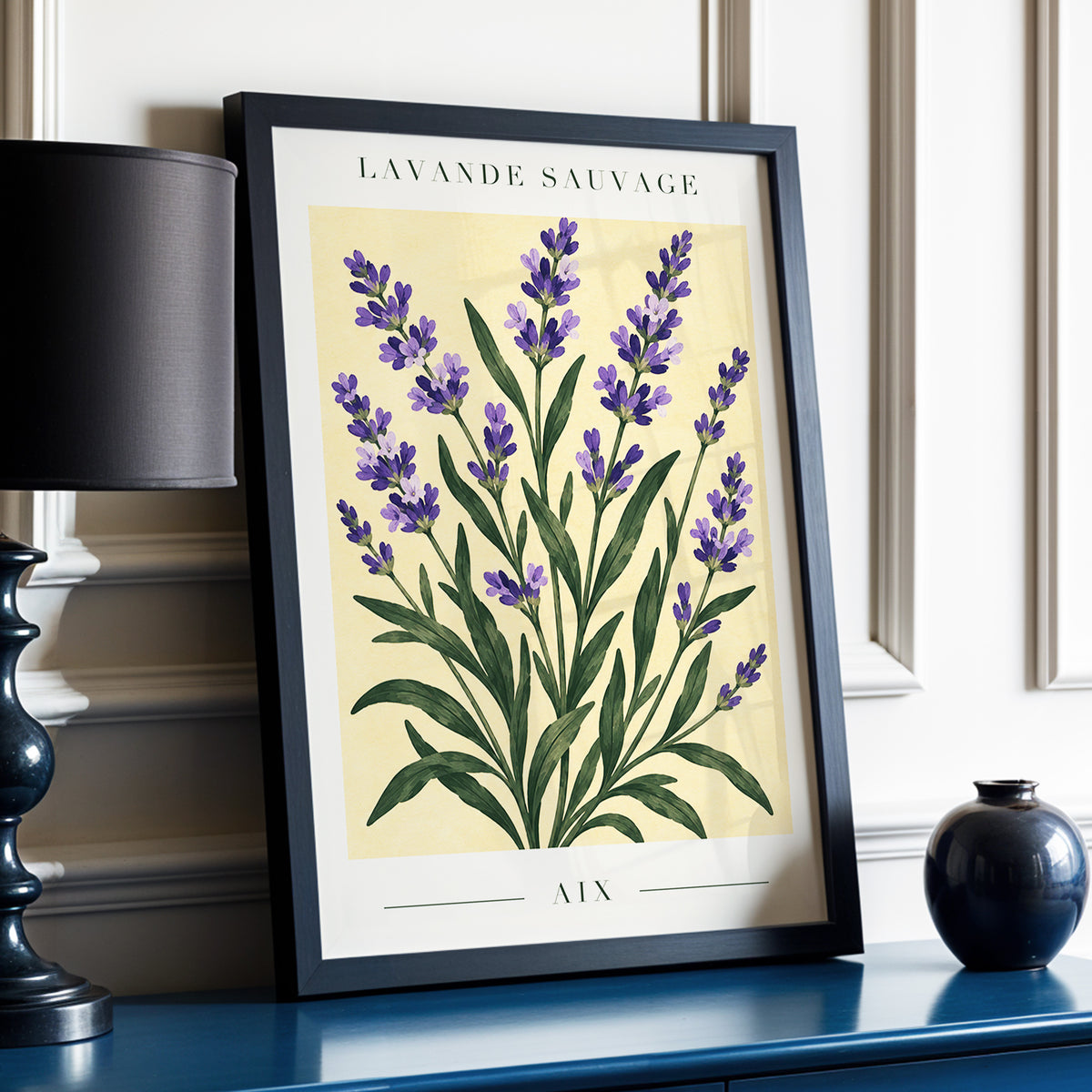 Lavender in Aix, purple, green, yellow floral wall art displayed in a styled interior, gallery view 9
