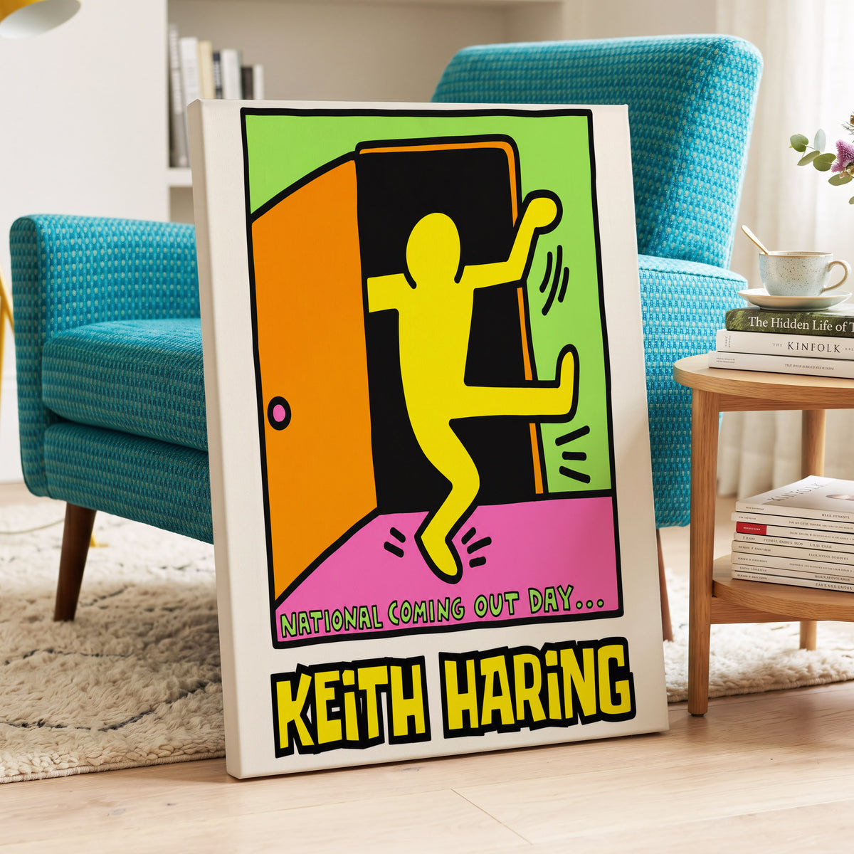 Leap Into Colour, black, yellow, green minimalist wall art on canvas displayed in a styled interior, gallery view 2