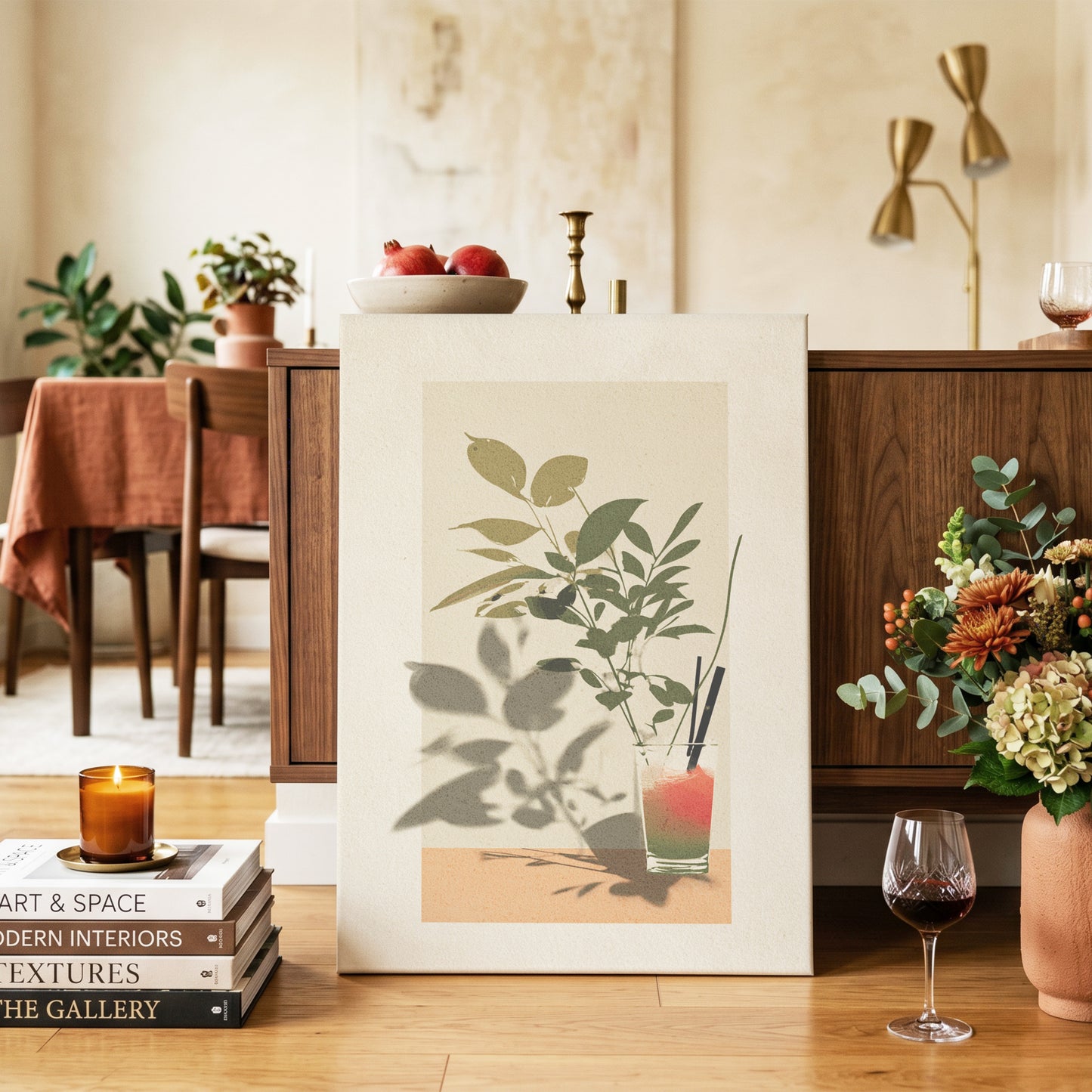 Leaves at Sundown, beige, green, orange nature wall art on canvas displayed in a styled interior, gallery view 2